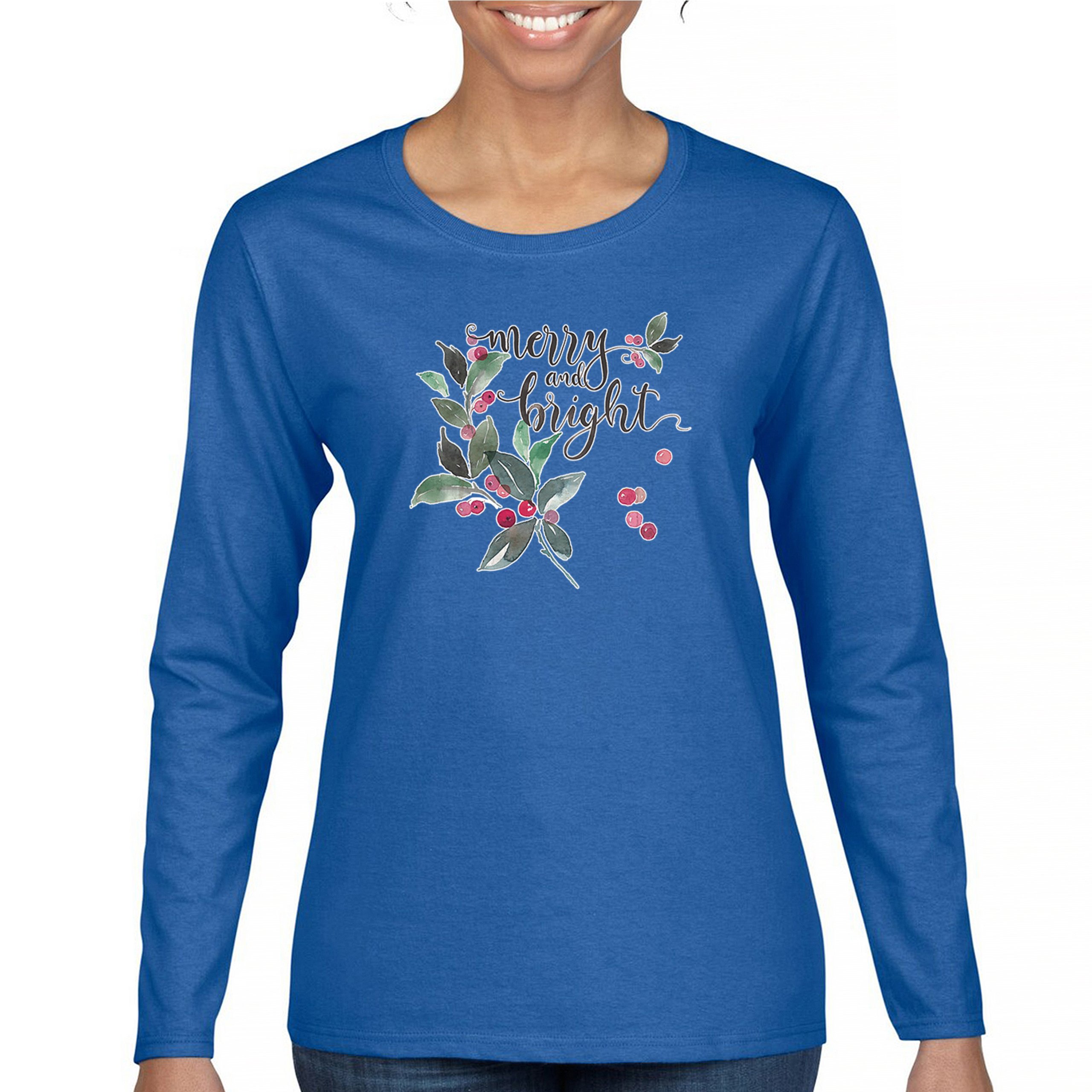 Merry and Bright Cute Christmas Women's Long Sleeve T-shirt Jolly Santa Xmas - Picture 37 of 50