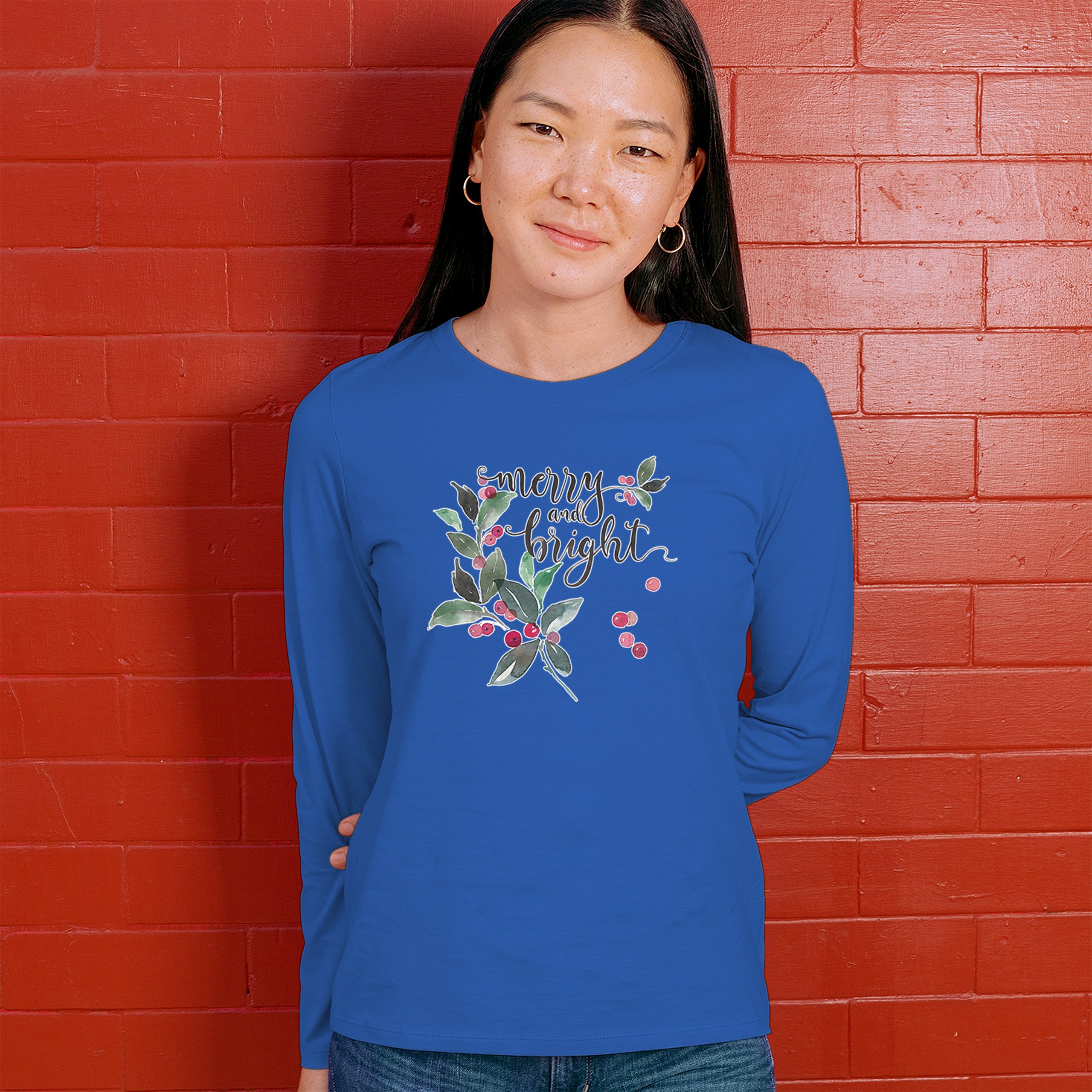 Merry and Bright Cute Christmas Women's Long Sleeve T-shirt Jolly Santa Xmas - Picture 40 of 50