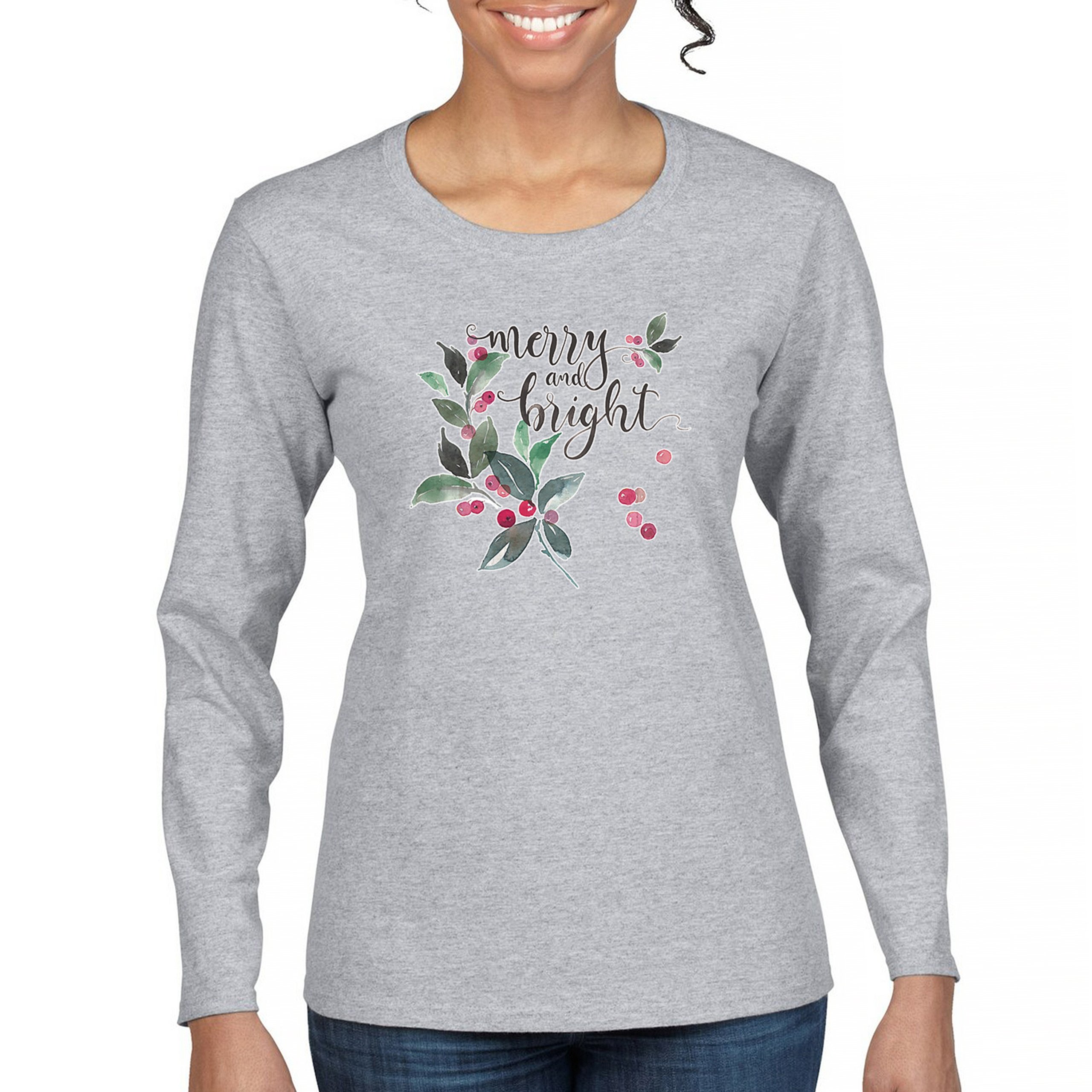 Merry and Bright Cute Christmas Women's Long Sleeve T-shirt Jolly Santa Xmas - Picture 16 of 50