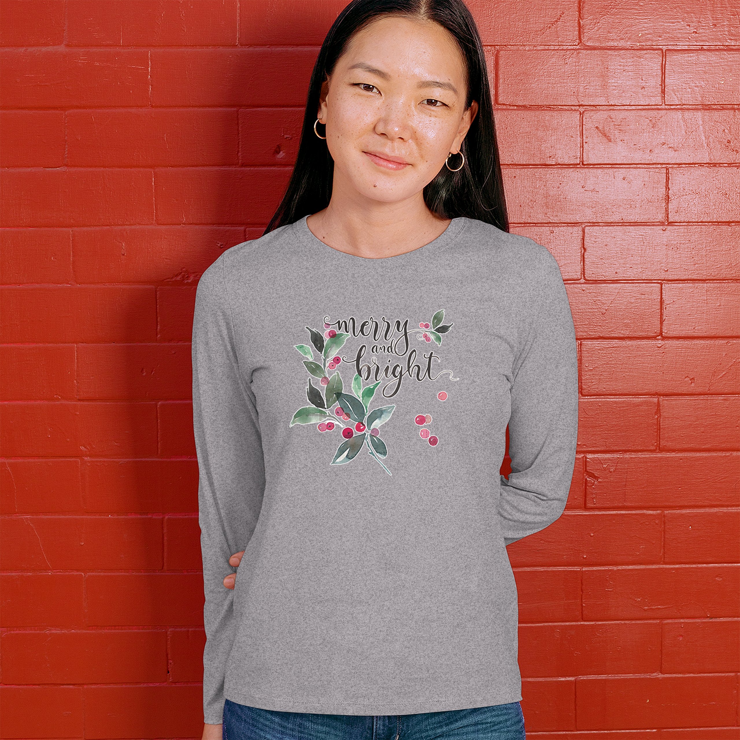 Merry and Bright Cute Christmas Women's Long Sleeve T-shirt Jolly Santa Xmas - Picture 19 of 50