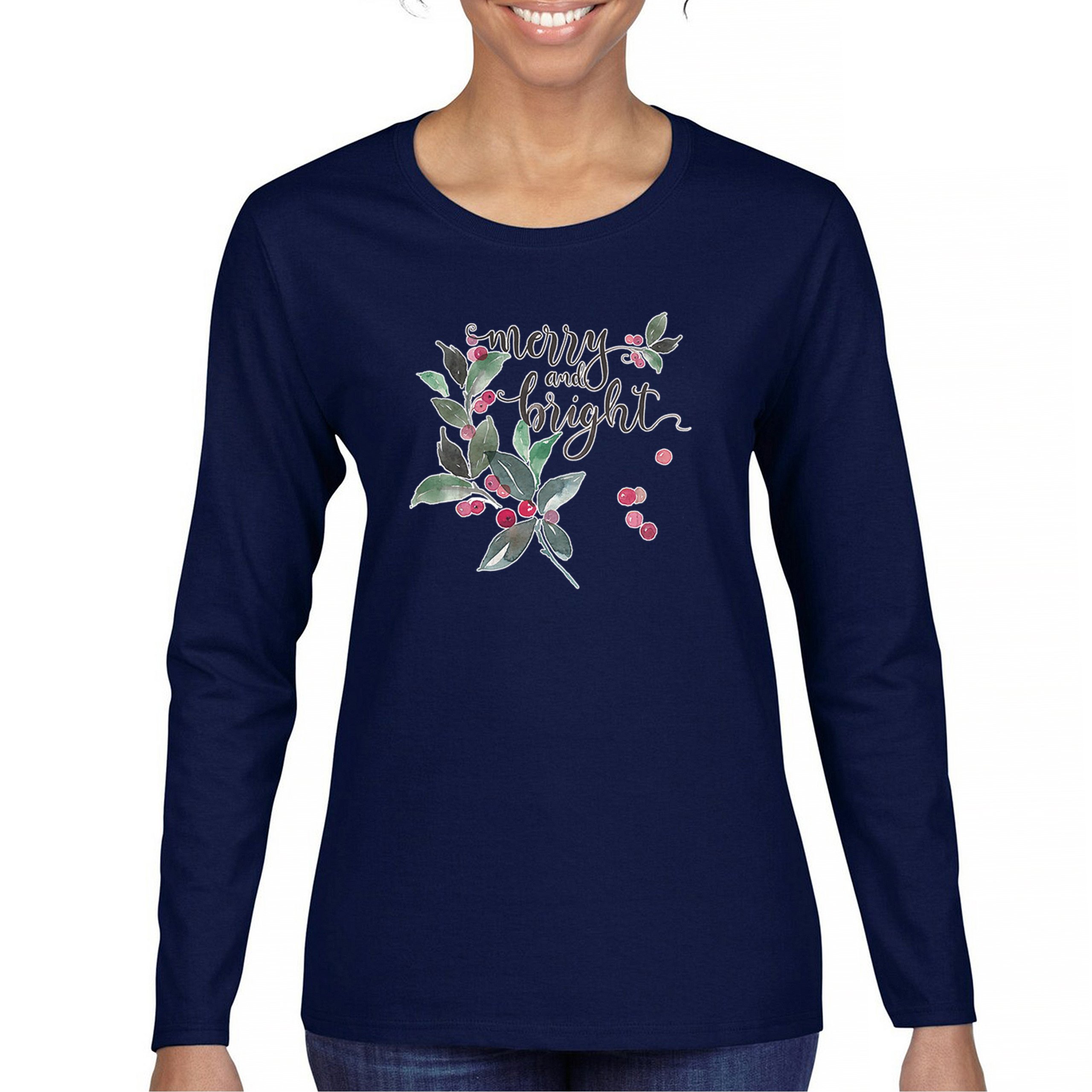 Merry and Bright Cute Christmas Women's Long Sleeve T-shirt Jolly Santa Xmas - Picture 30 of 50