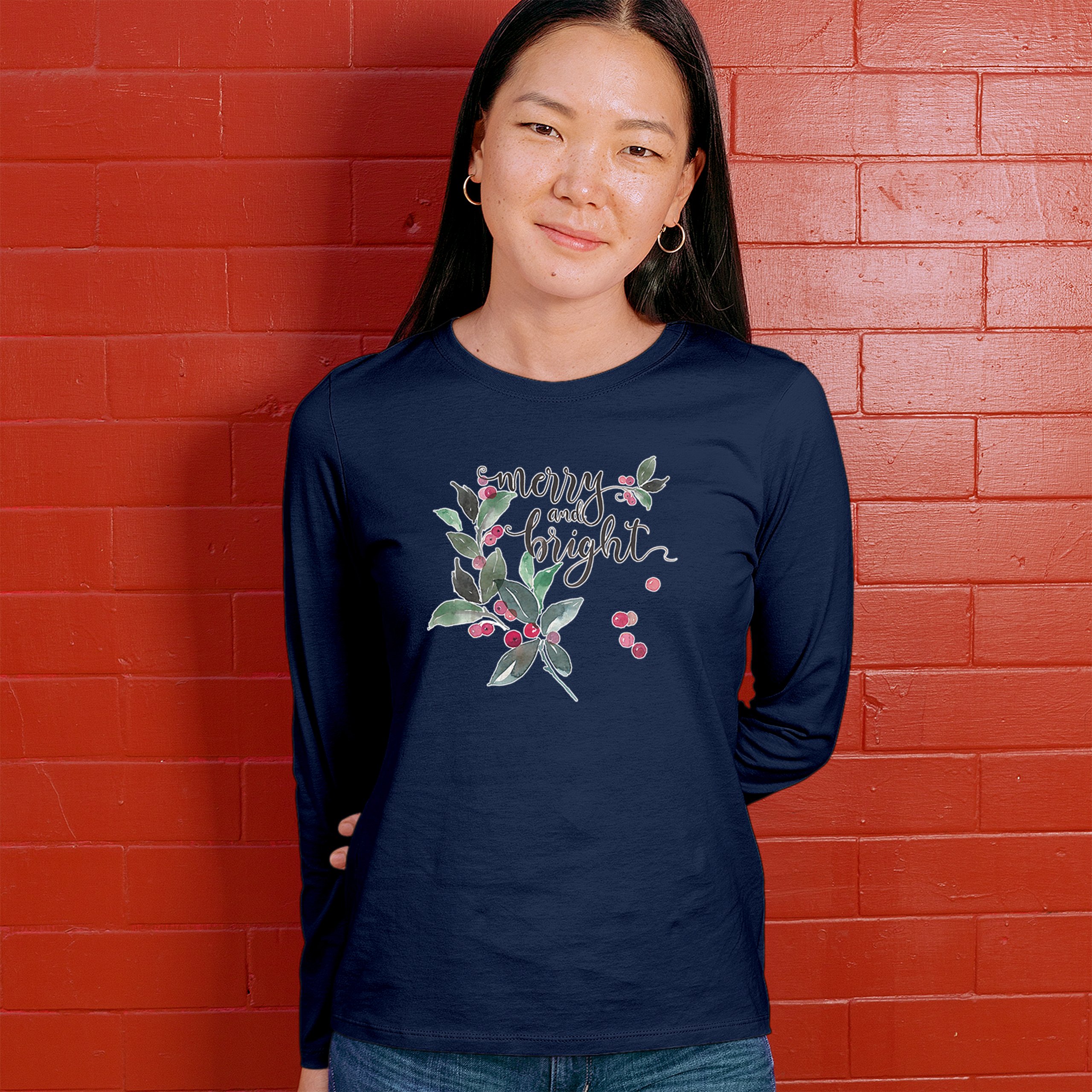 Merry and Bright Cute Christmas Women's Long Sleeve T-shirt Jolly Santa Xmas - Picture 33 of 50