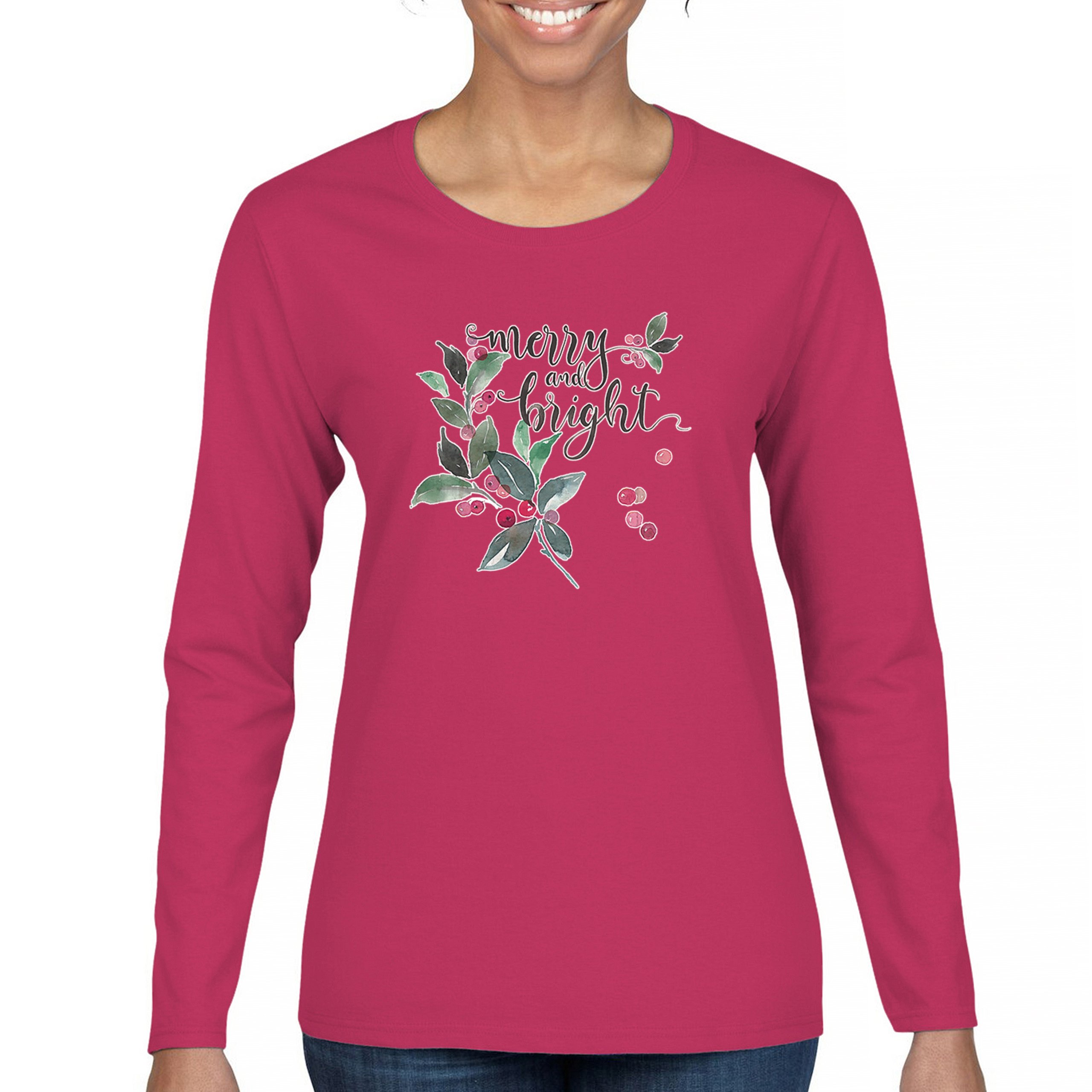 Merry and Bright Cute Christmas Women's Long Sleeve T-shirt Jolly Santa Xmas - Picture 44 of 50