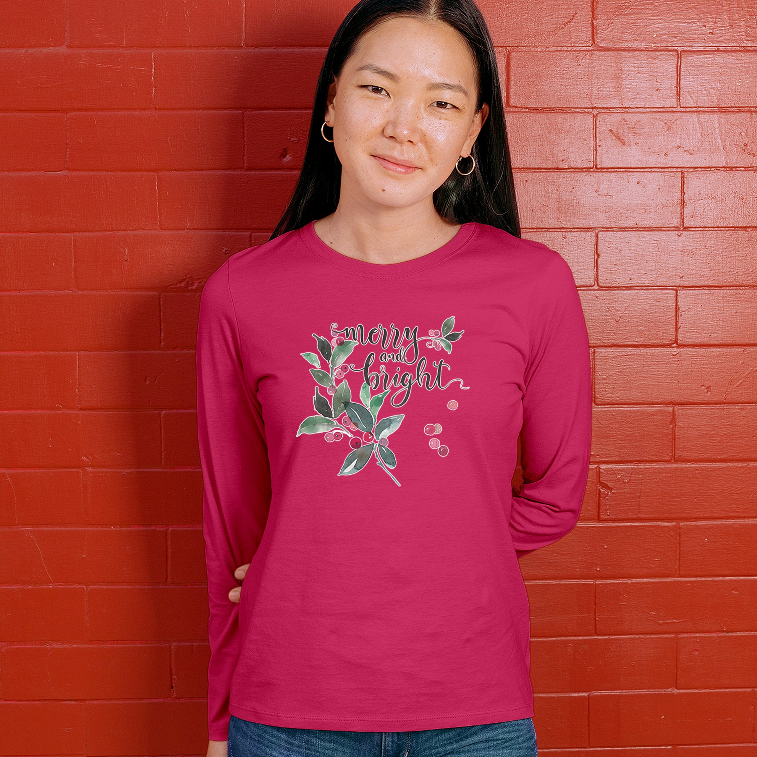 Merry and Bright Cute Christmas Women's Long Sleeve T-shirt Jolly Santa Xmas - Picture 47 of 50