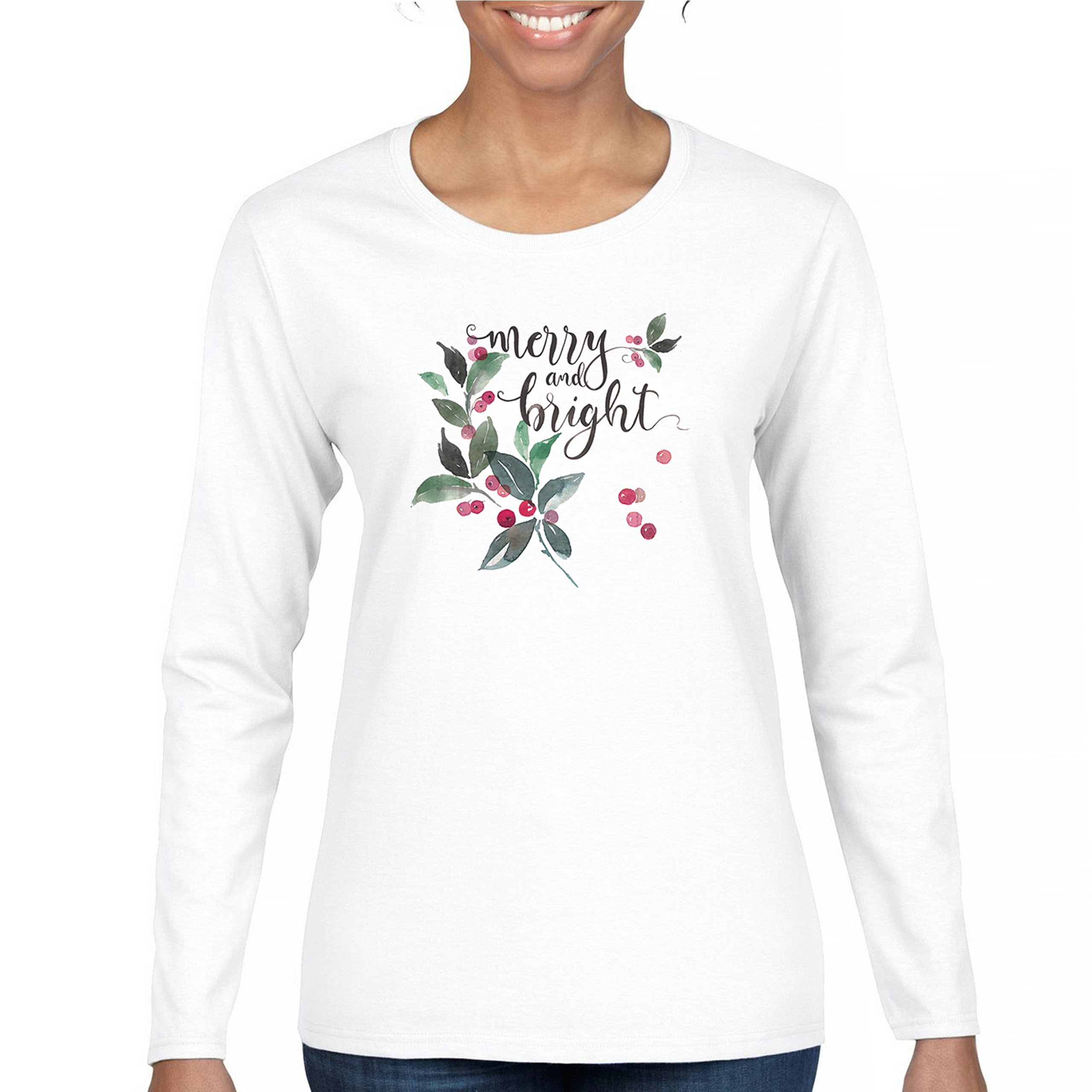 Merry and Bright Cute Christmas Women's Long Sleeve T-shirt Jolly Santa Xmas - Picture 23 of 50