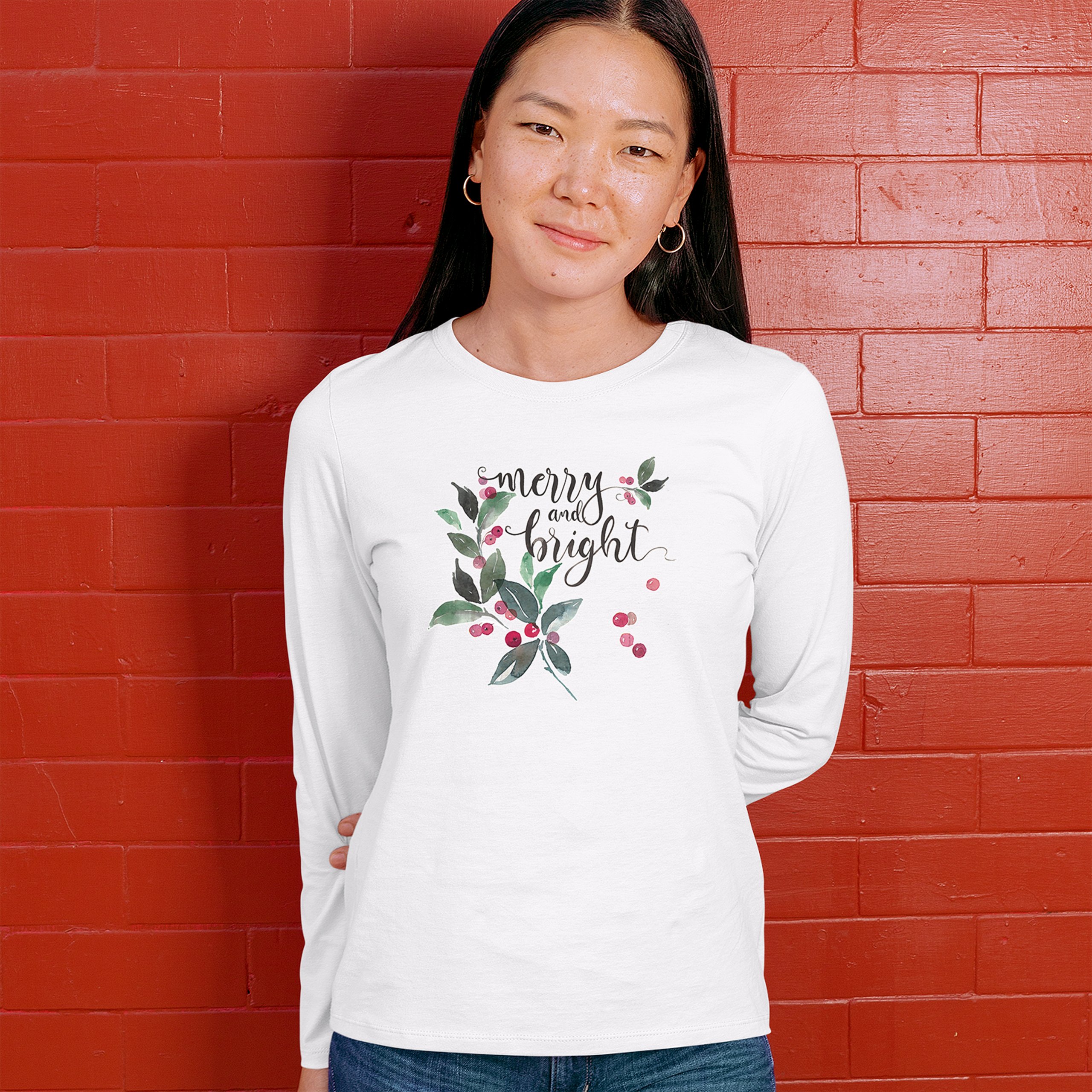 Merry and Bright Cute Christmas Women's Long Sleeve T-shirt Jolly Santa Xmas - Picture 26 of 50