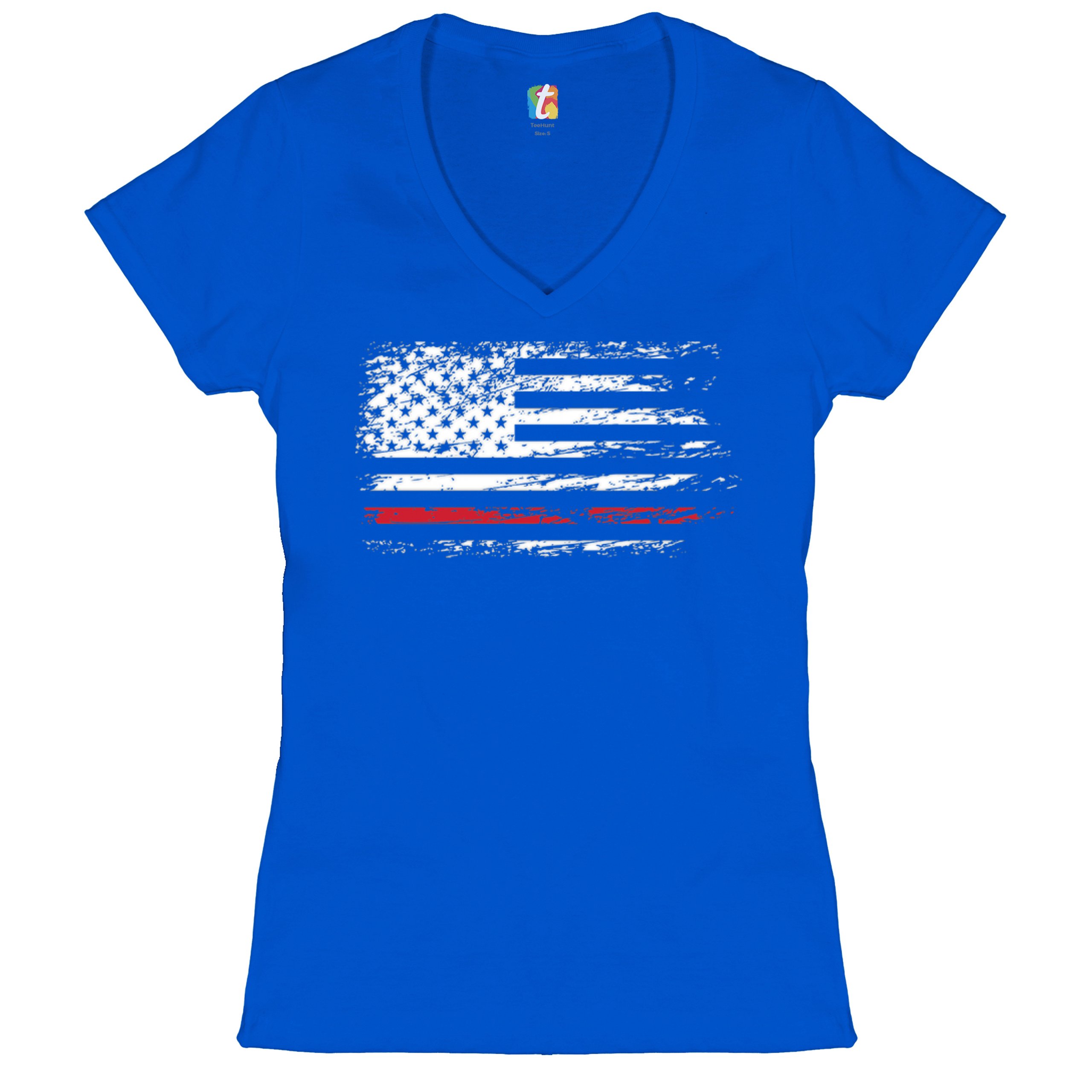 Distressed American Flag Women's V-Neck T-shirt Thind Red Line Firefighter Tee - Picture 22 of 33