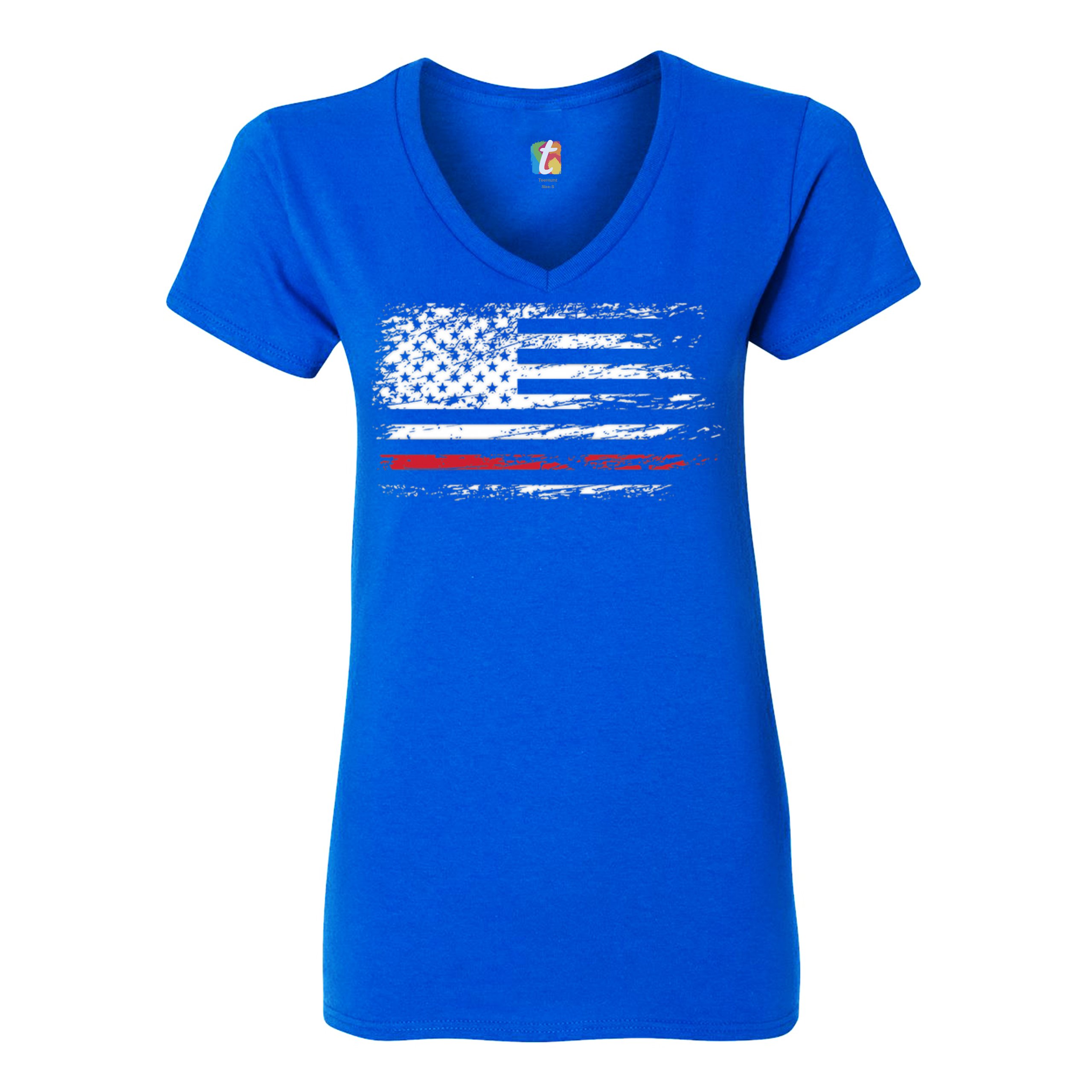 Distressed American Flag Women's V-Neck T-shirt Thind Red Line Firefighter Tee - Picture 23 of 33