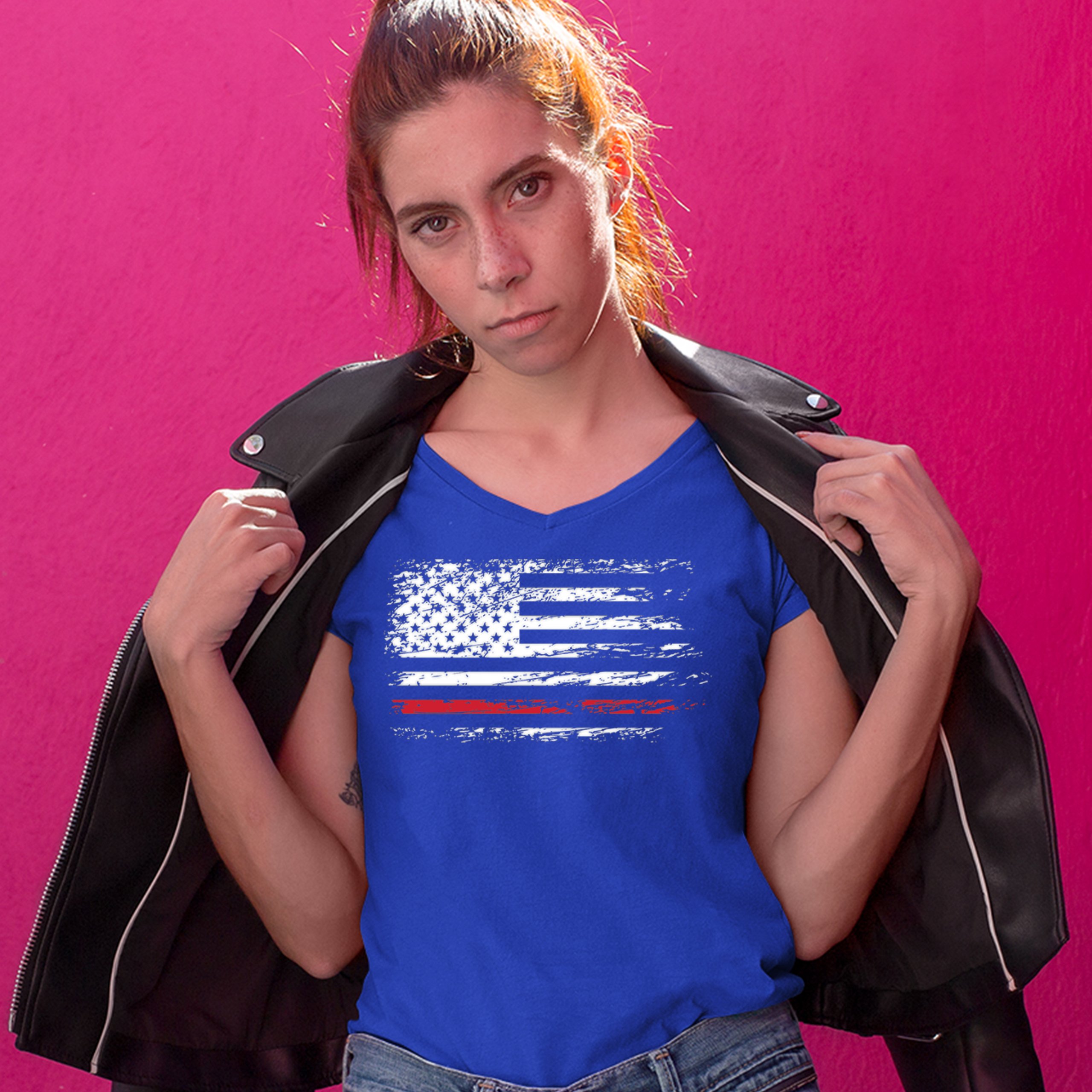 Distressed American Flag Women's V-Neck T-shirt Thind Red Line Firefighter Tee - Picture 25 of 33