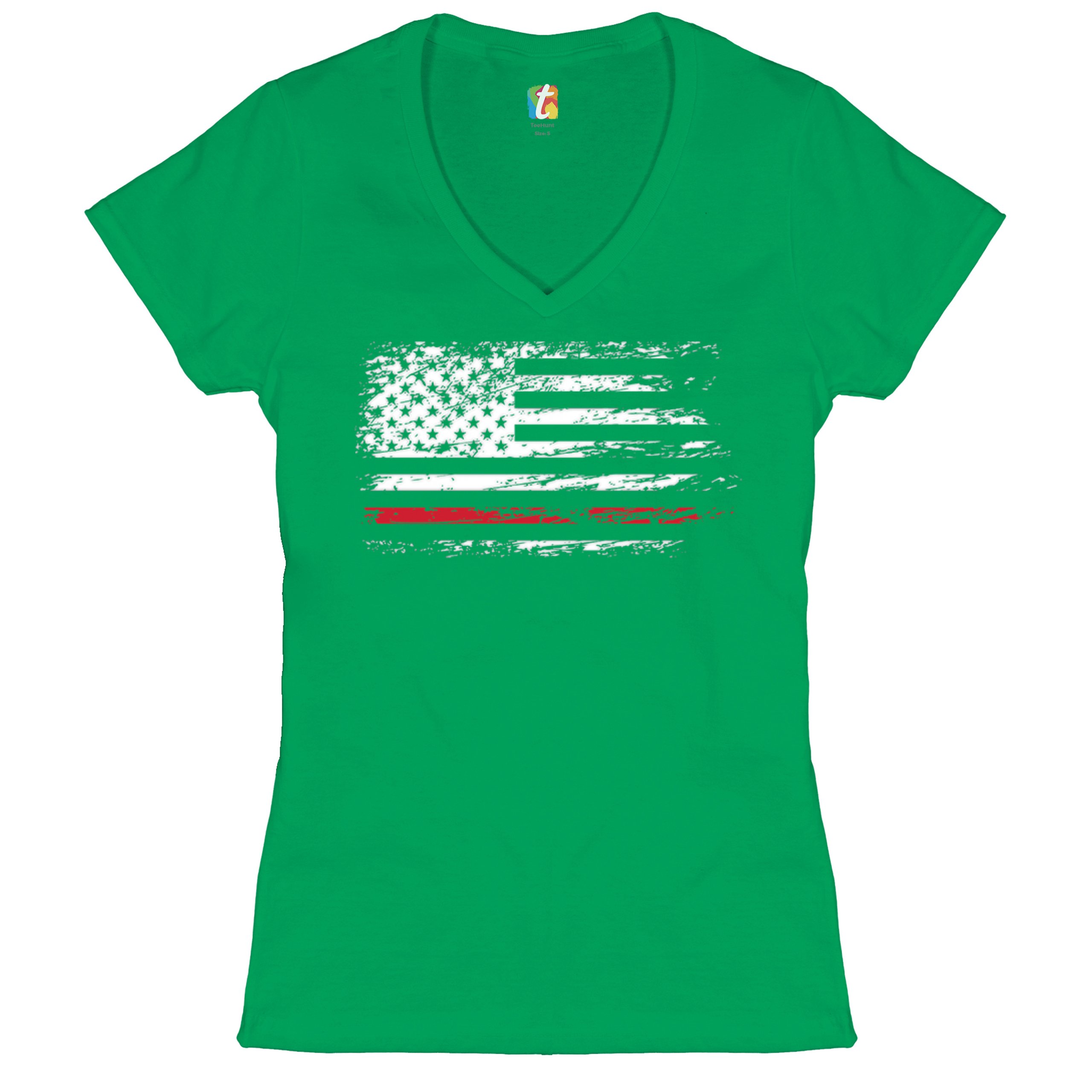 Distressed American Flag Women's V-Neck T-shirt Thind Red Line Firefighter Tee - Picture 18 of 33