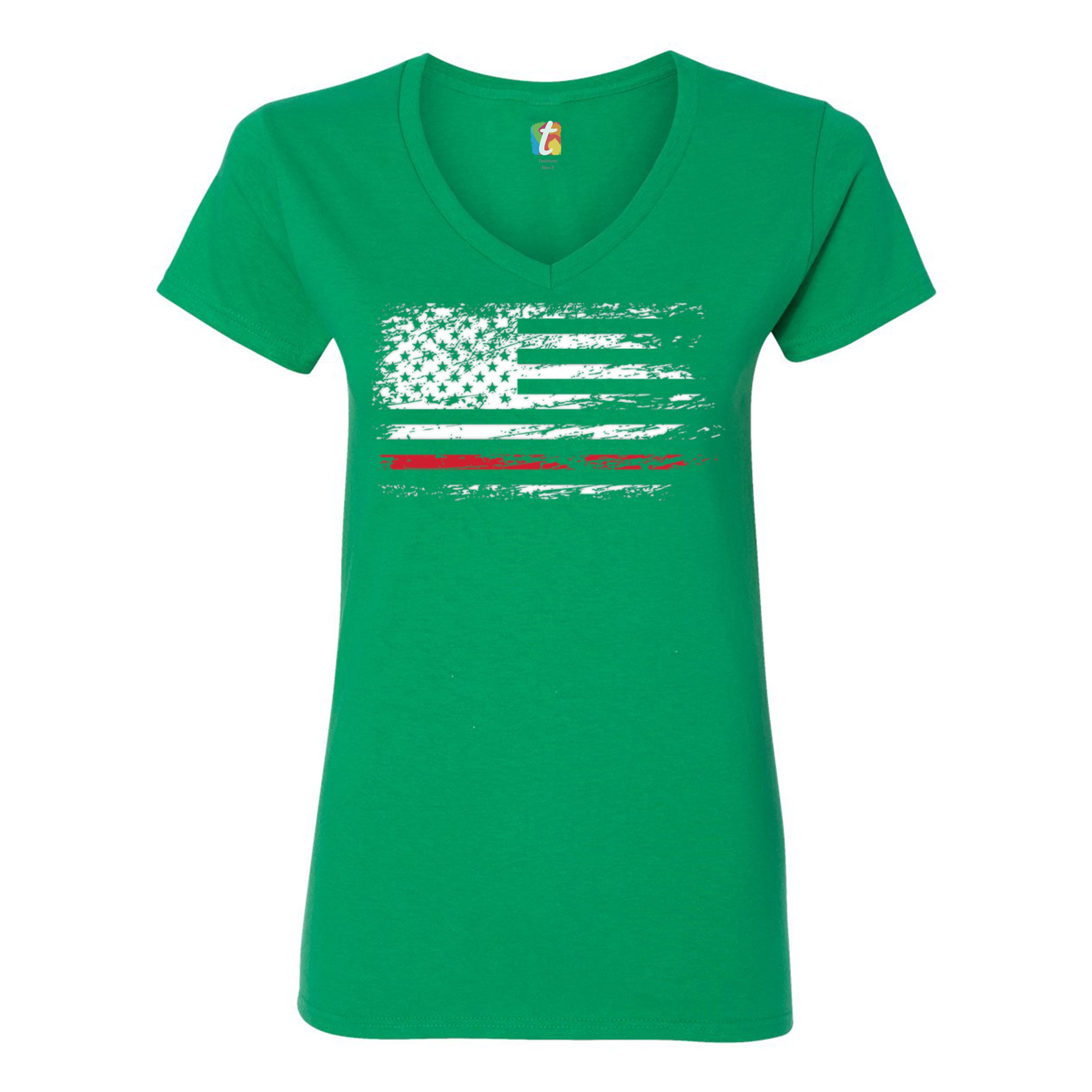 Distressed American Flag Women's V-Neck T-shirt Thind Red Line Firefighter Tee - Picture 19 of 33