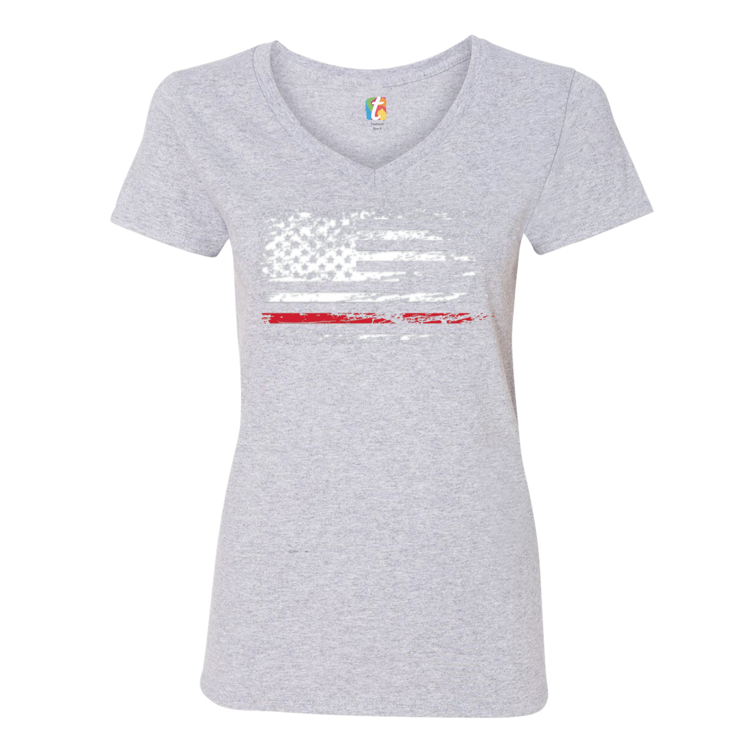Distressed American Flag Women's V-Neck T-shirt Thind Red Line Firefighter Tee - Picture 7 of 33
