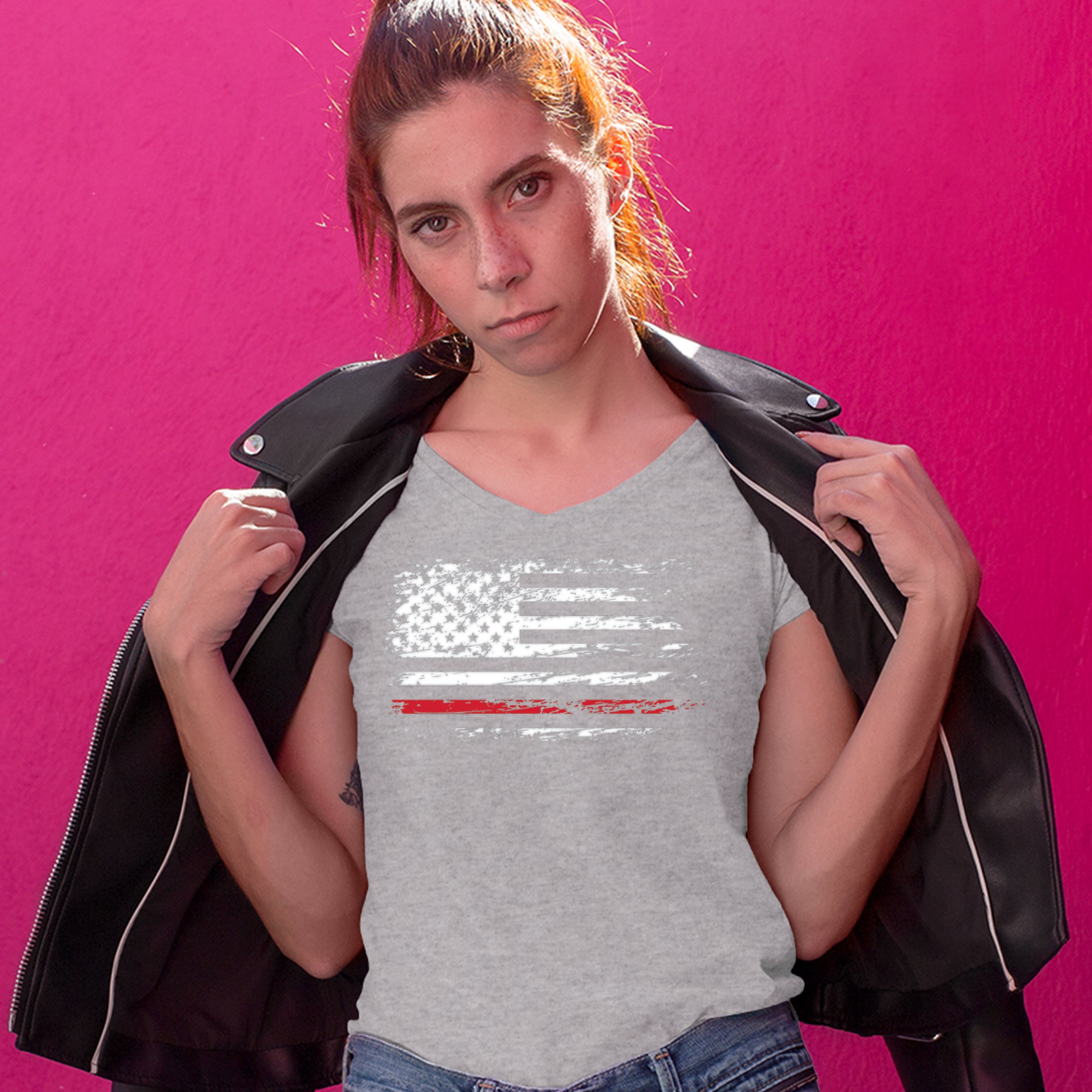 Distressed American Flag Women's V-Neck T-shirt Thind Red Line Firefighter Tee - Picture 9 of 33