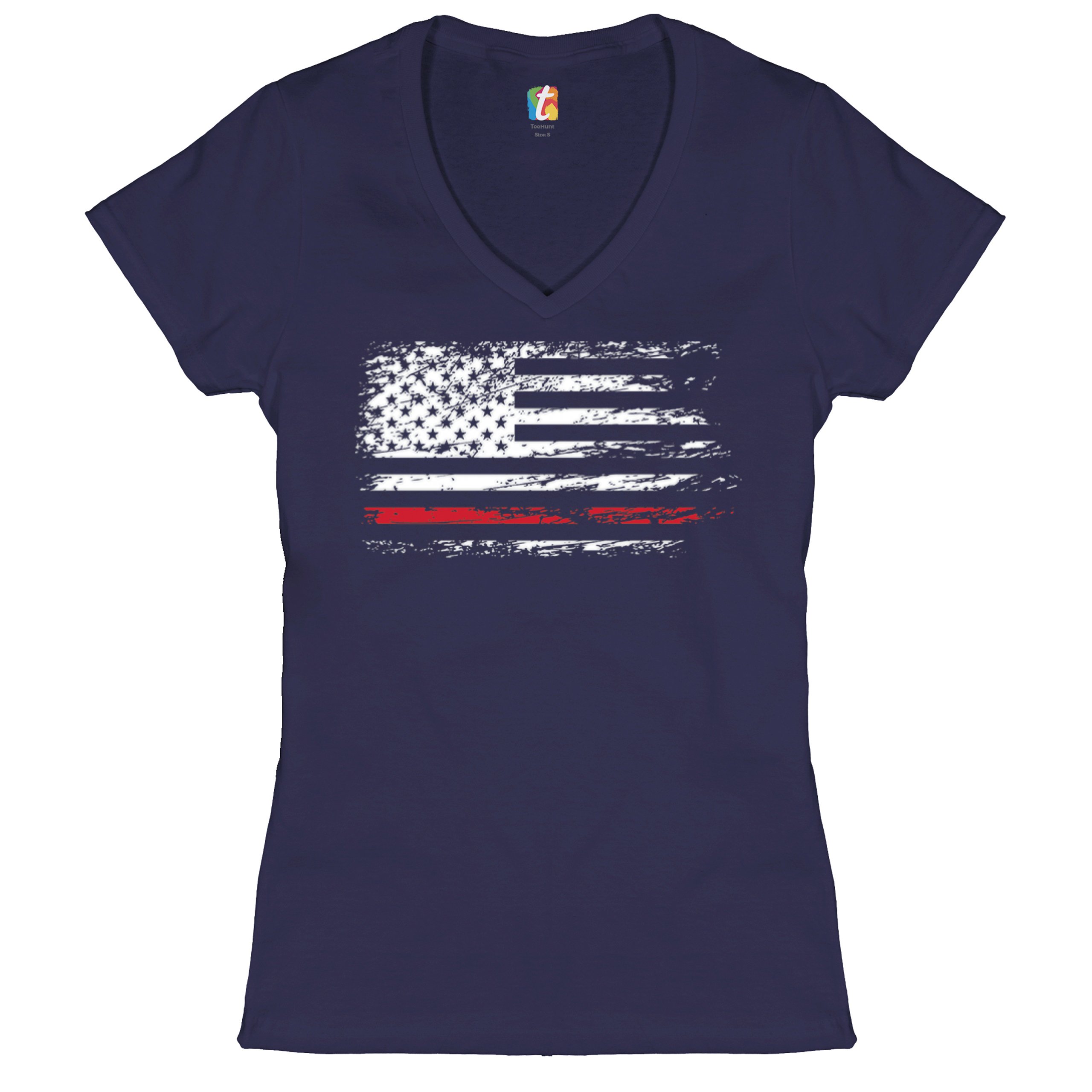 Distressed American Flag Women's V-Neck T-shirt Thind Red Line Firefighter Tee - Picture 14 of 33