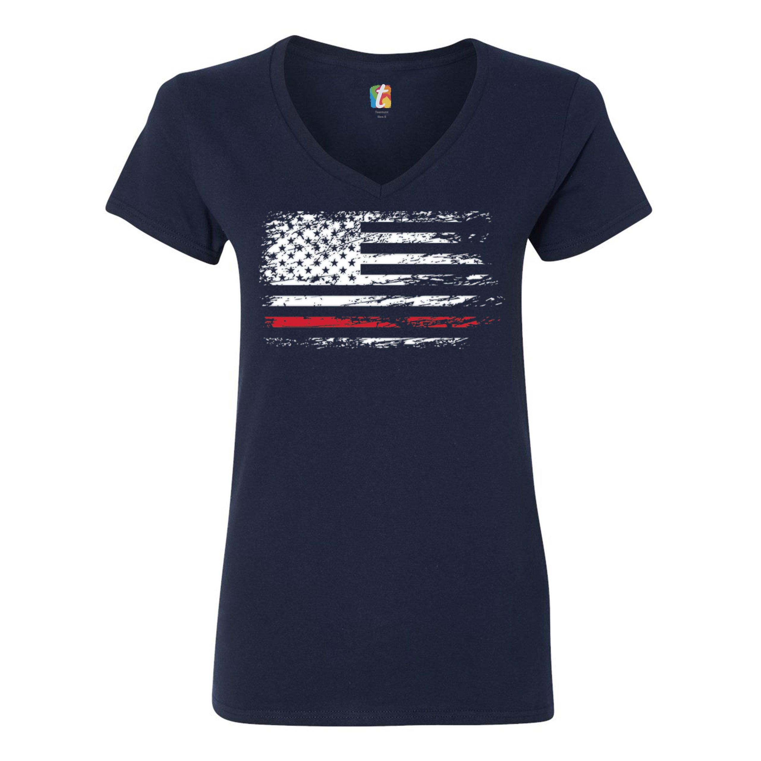 Distressed American Flag Women's V-Neck T-shirt Thind Red Line Firefighter Tee - Picture 15 of 33