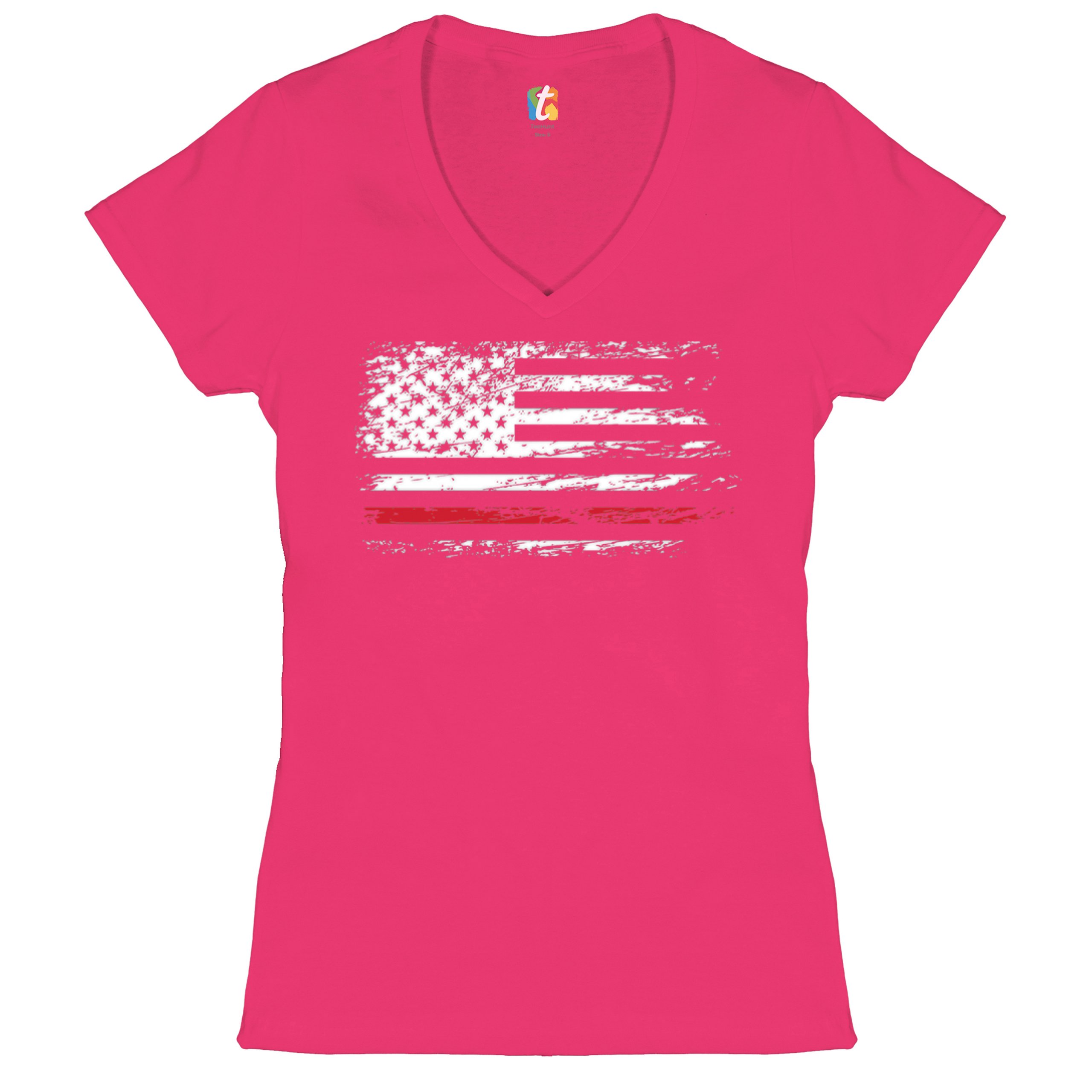 Distressed American Flag Women's V-Neck T-shirt Thind Red Line Firefighter Tee - Picture 26 of 33