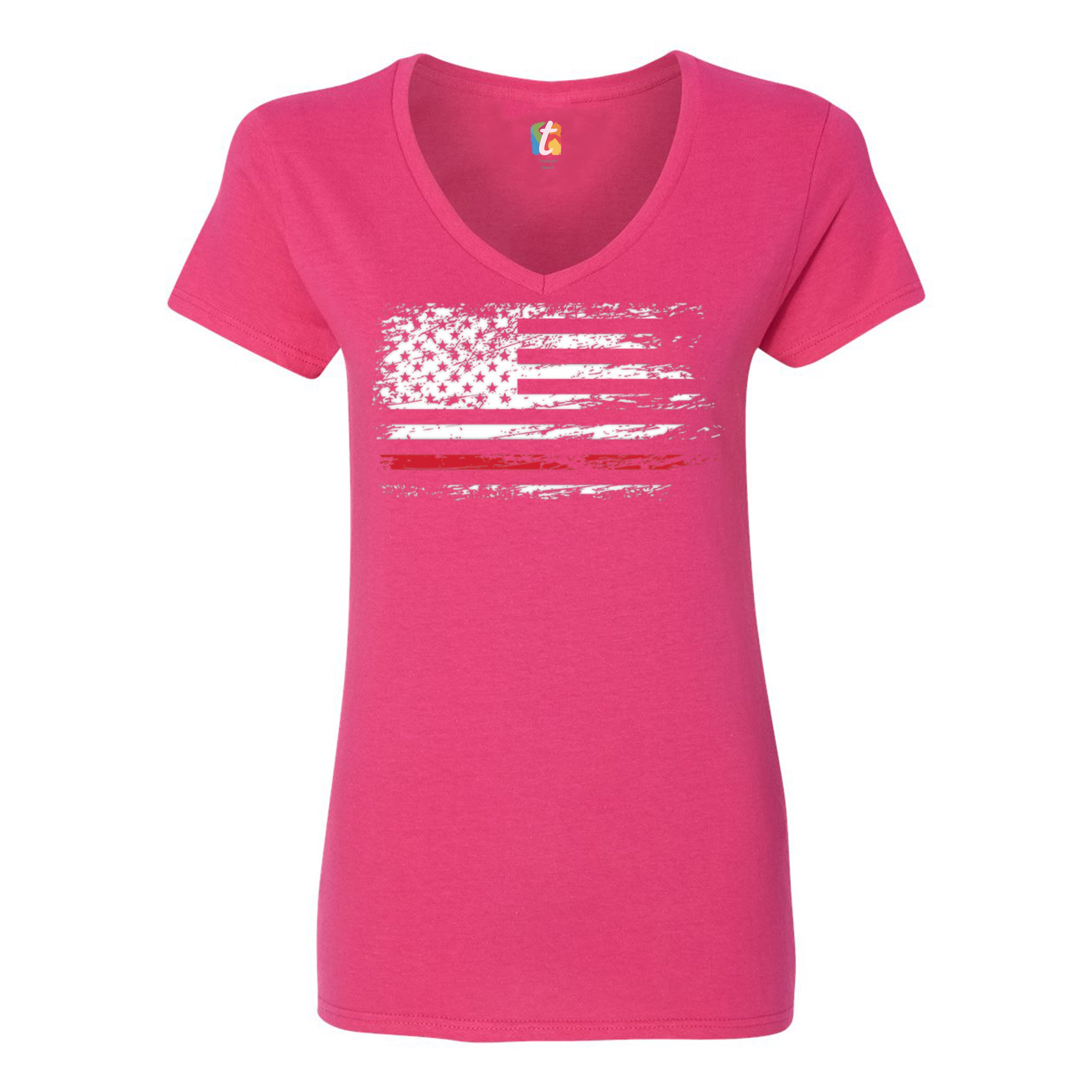 Distressed American Flag Women's V-Neck T-shirt Thind Red Line Firefighter Tee - Picture 27 of 33
