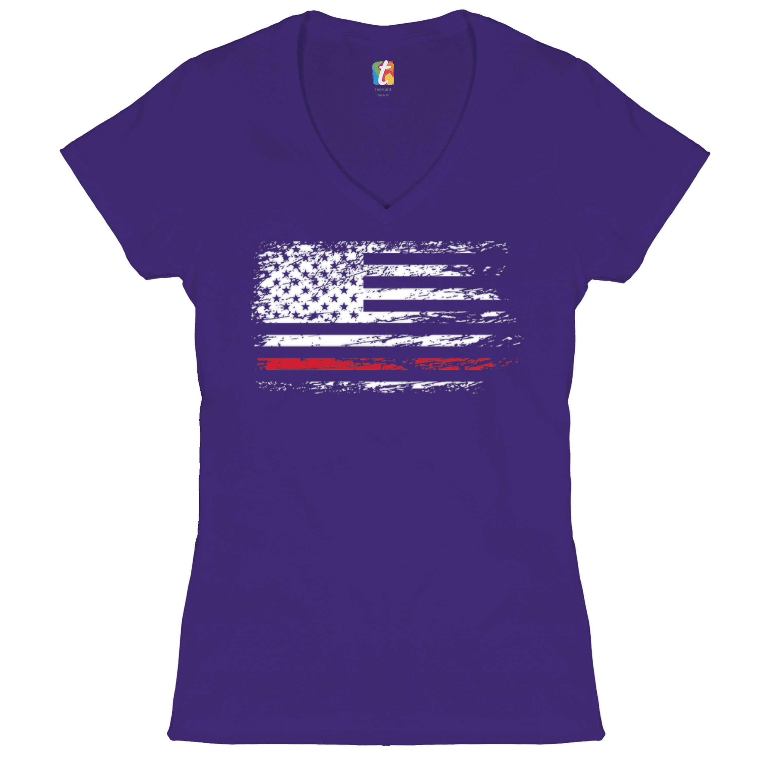 Distressed American Flag Women's V-Neck T-shirt Thind Red Line Firefighter Tee - Picture 10 of 33