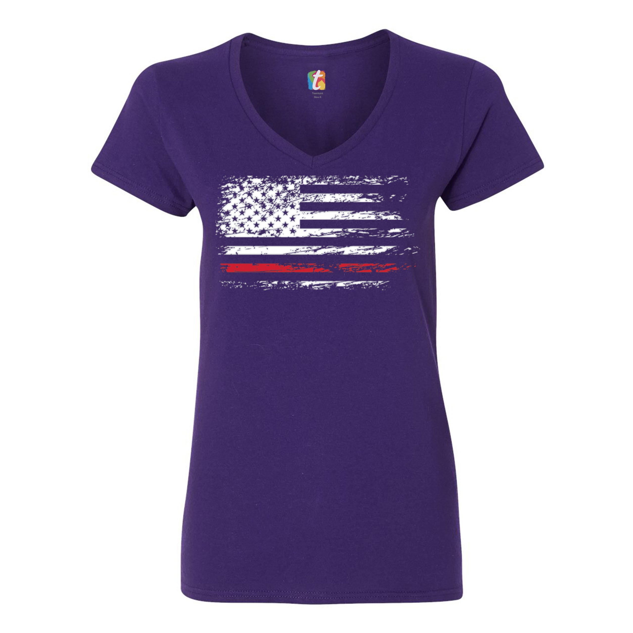 Distressed American Flag Women's V-Neck T-shirt Thind Red Line Firefighter Tee - Picture 11 of 33