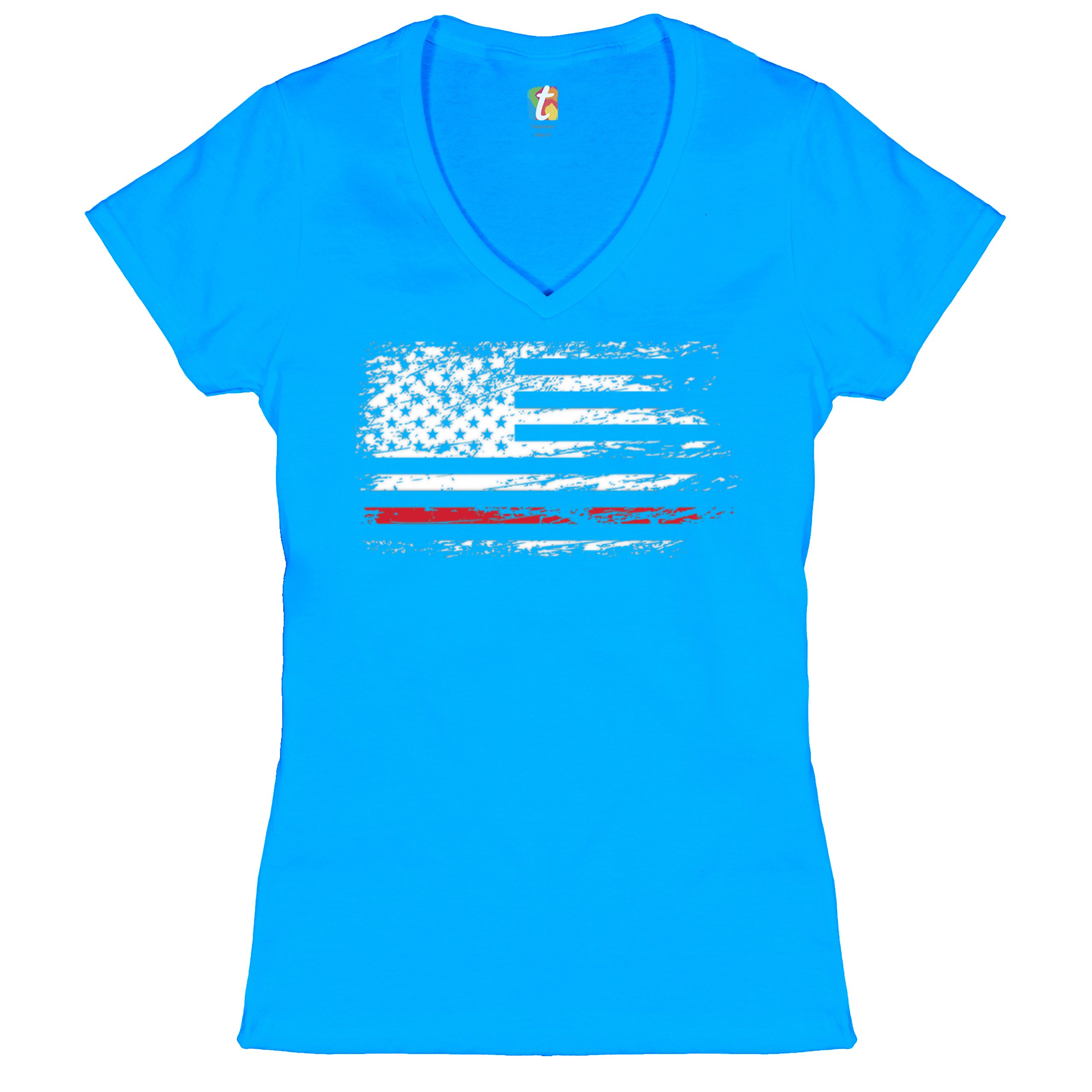 Distressed American Flag Women's V-Neck T-shirt Thind Red Line Firefighter Tee - Picture 30 of 33