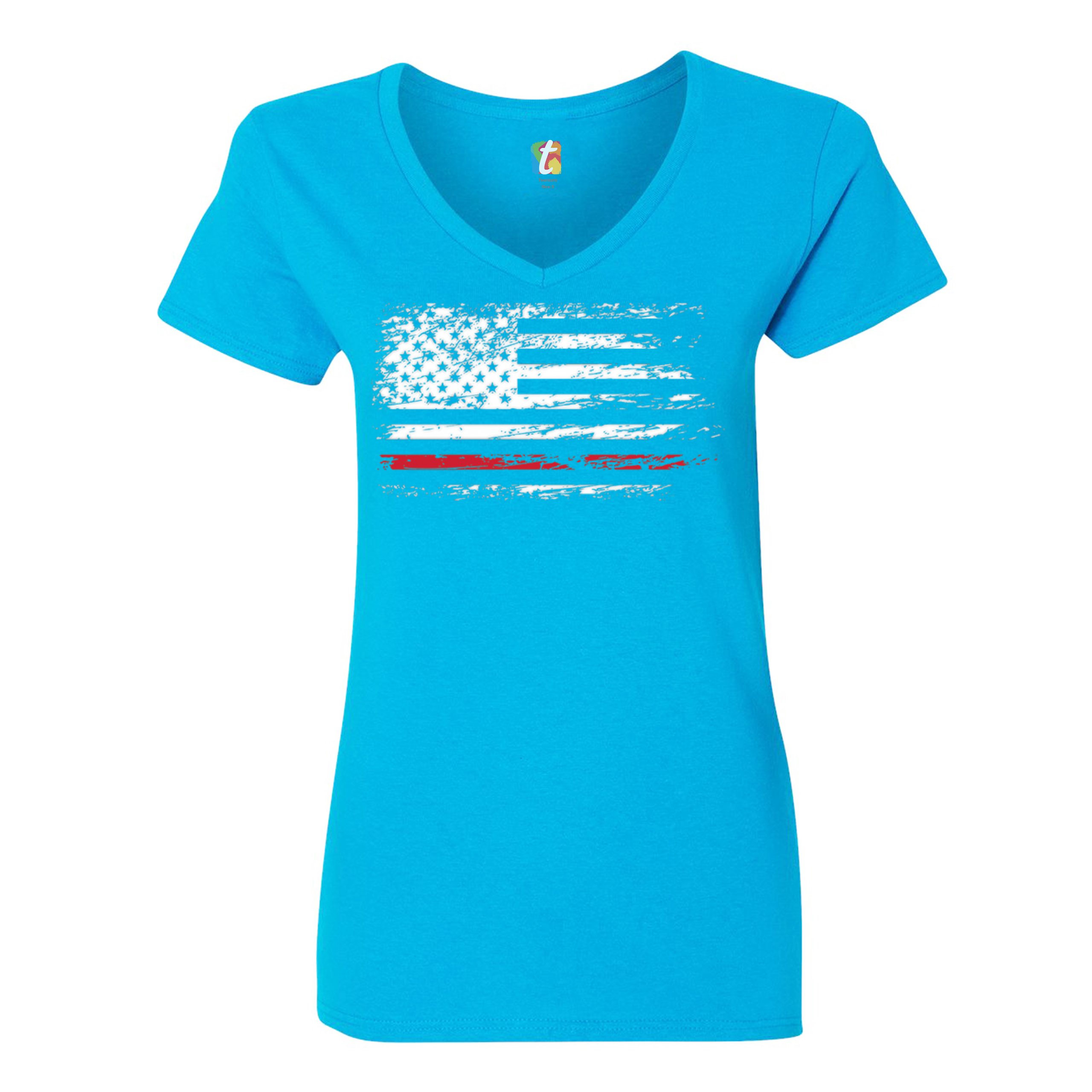 Distressed American Flag Women's V-Neck T-shirt Thind Red Line Firefighter Tee - Picture 31 of 33