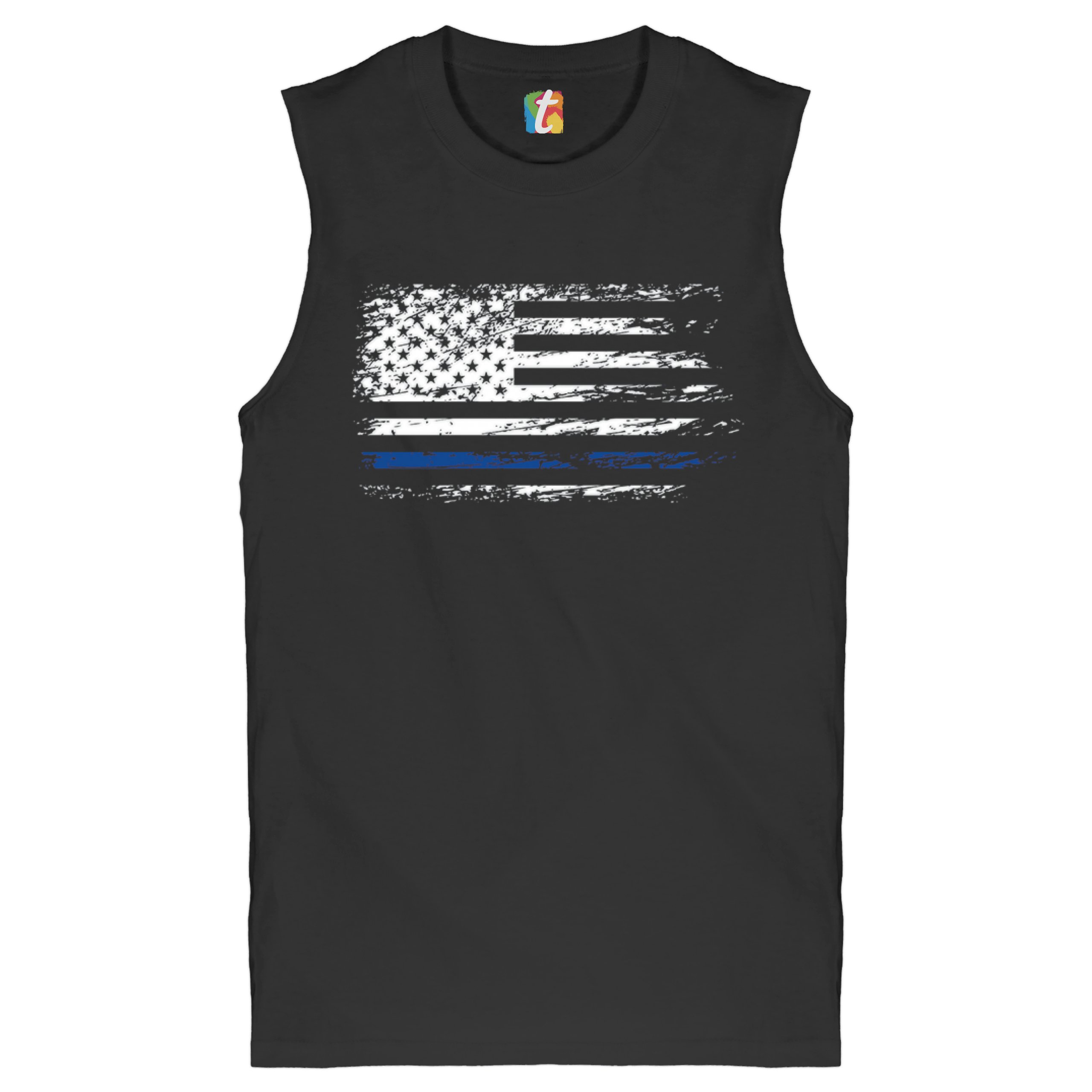 Distressed Thin Blue Line American Flag Muscle Shirt Patriotic Police Men’s