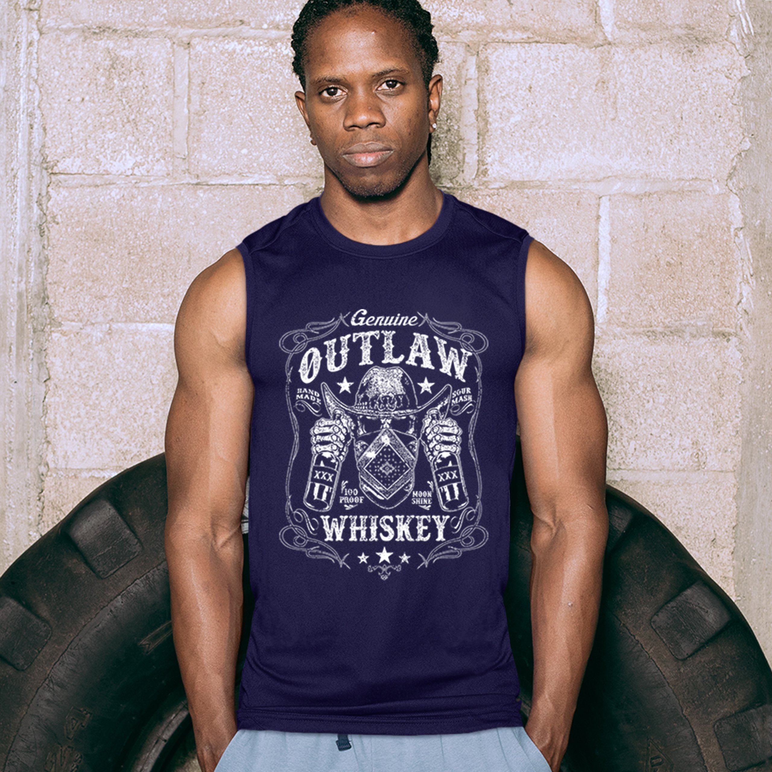 Genuine Outlaw Whiskey Muscle Shirt XXX Sour Mash Moonshine Drinking Men's - Picture 13 of 13
