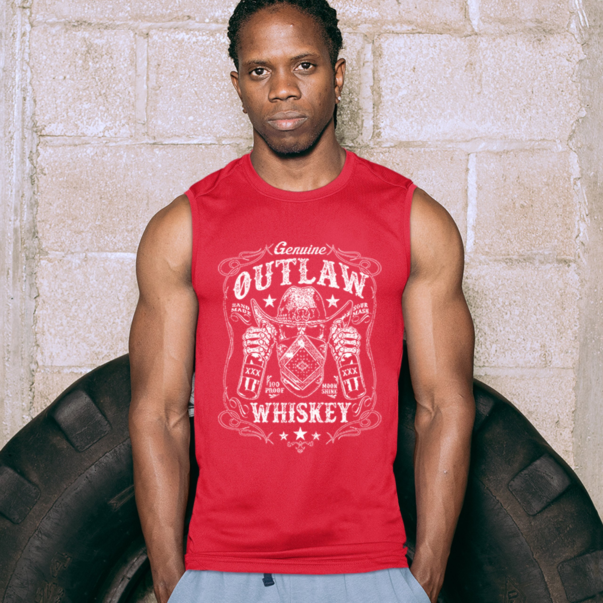 Genuine Outlaw Whiskey Muscle Shirt XXX Sour Mash Moonshine Drinking Men's - Picture 9 of 13