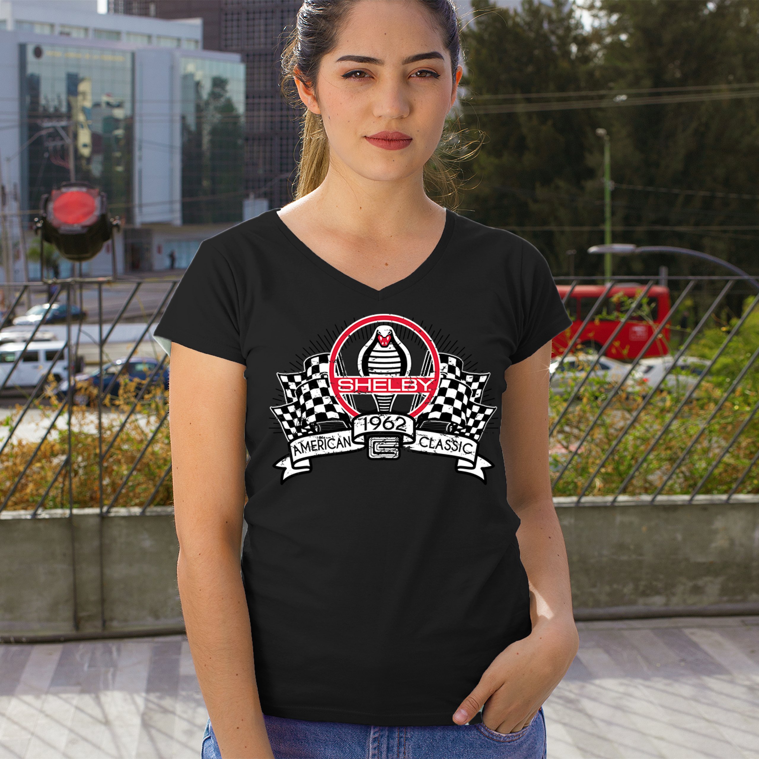 1962 Shelby Classic Women's V-Neck T-shirt Mustang Cobra Powered by Ford Tee