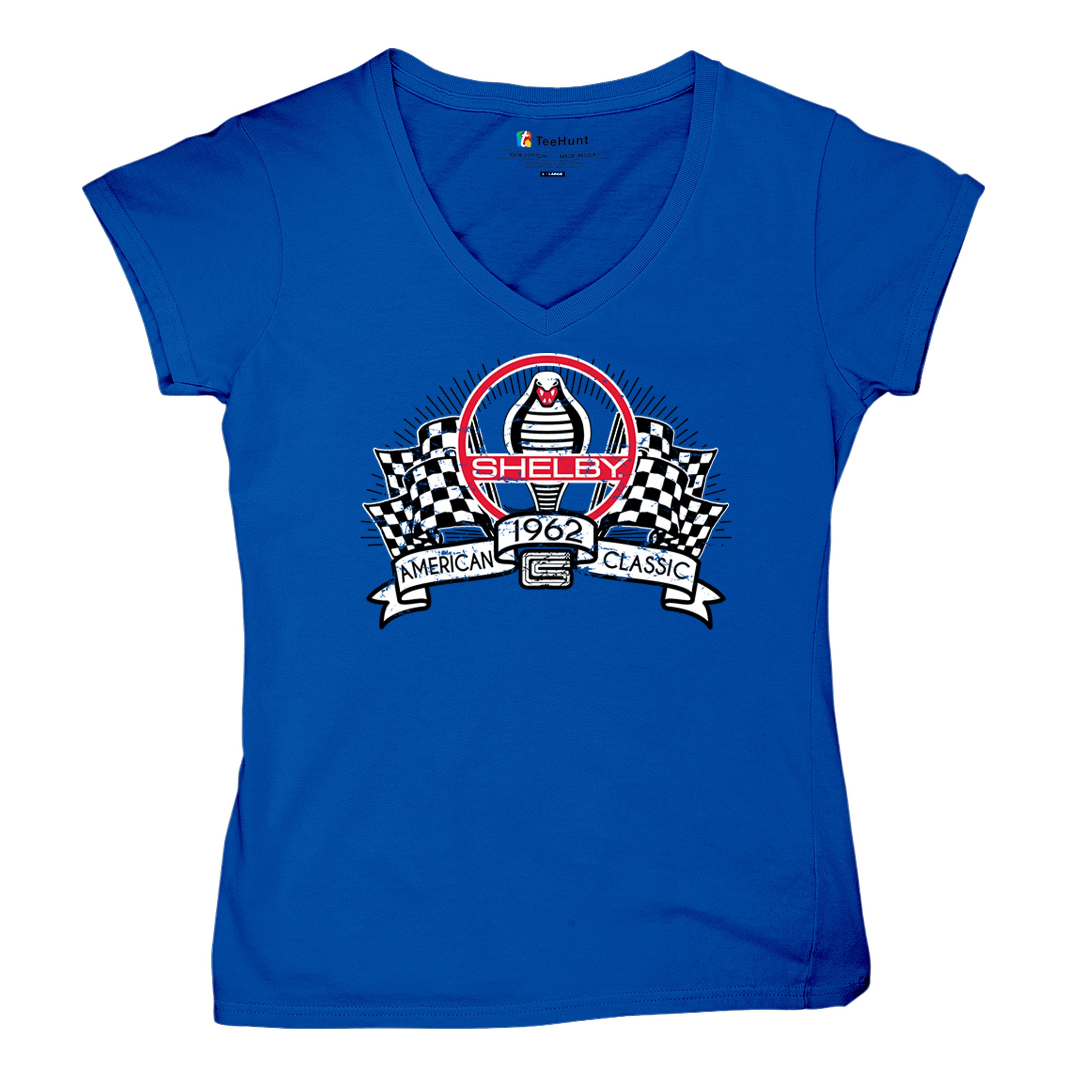 1962 Shelby Classic Women's V-Neck T-shirt Mustang Cobra Powered by Ford Tee