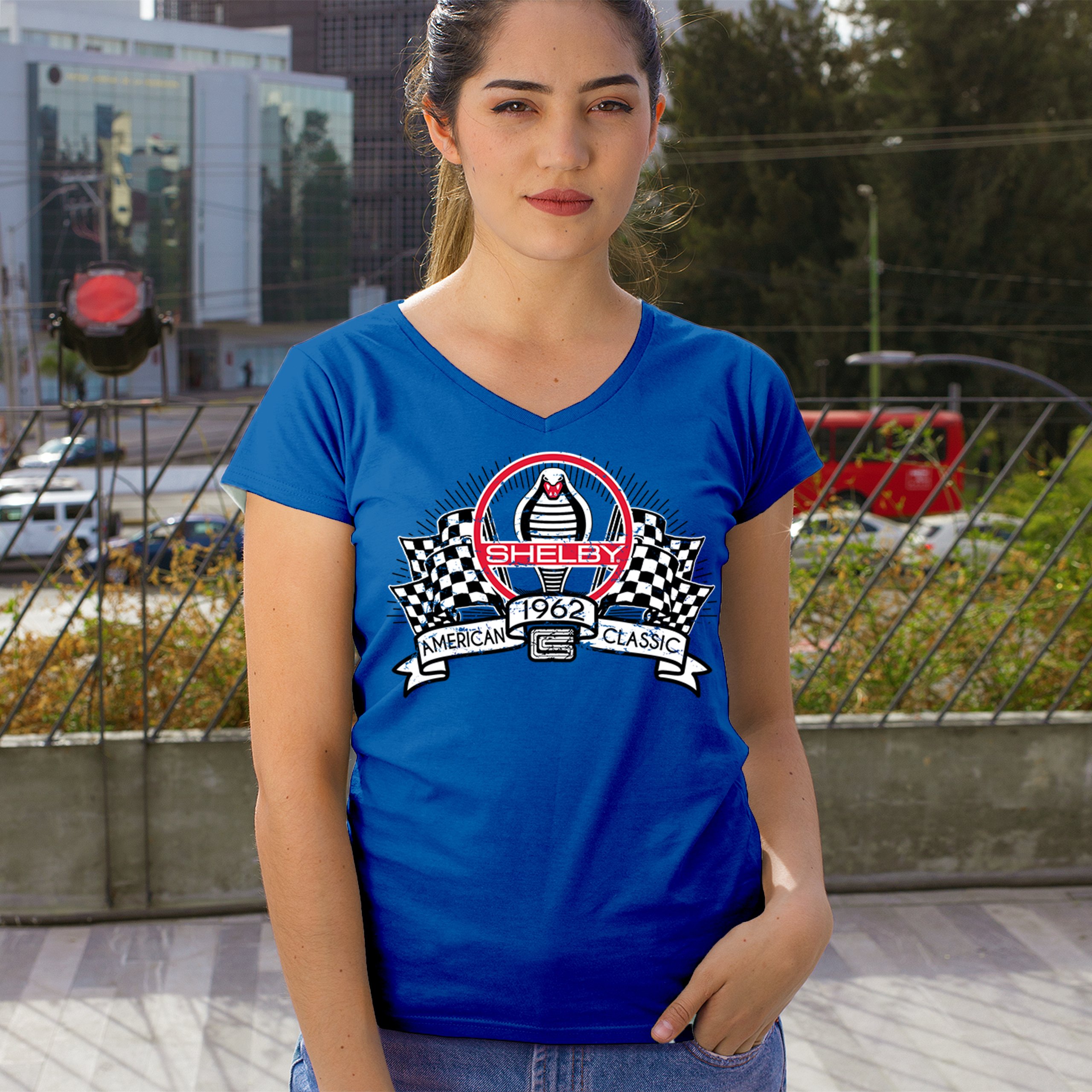 1962 Shelby Classic Women's V-Neck T-shirt Mustang Cobra Powered by Ford Tee