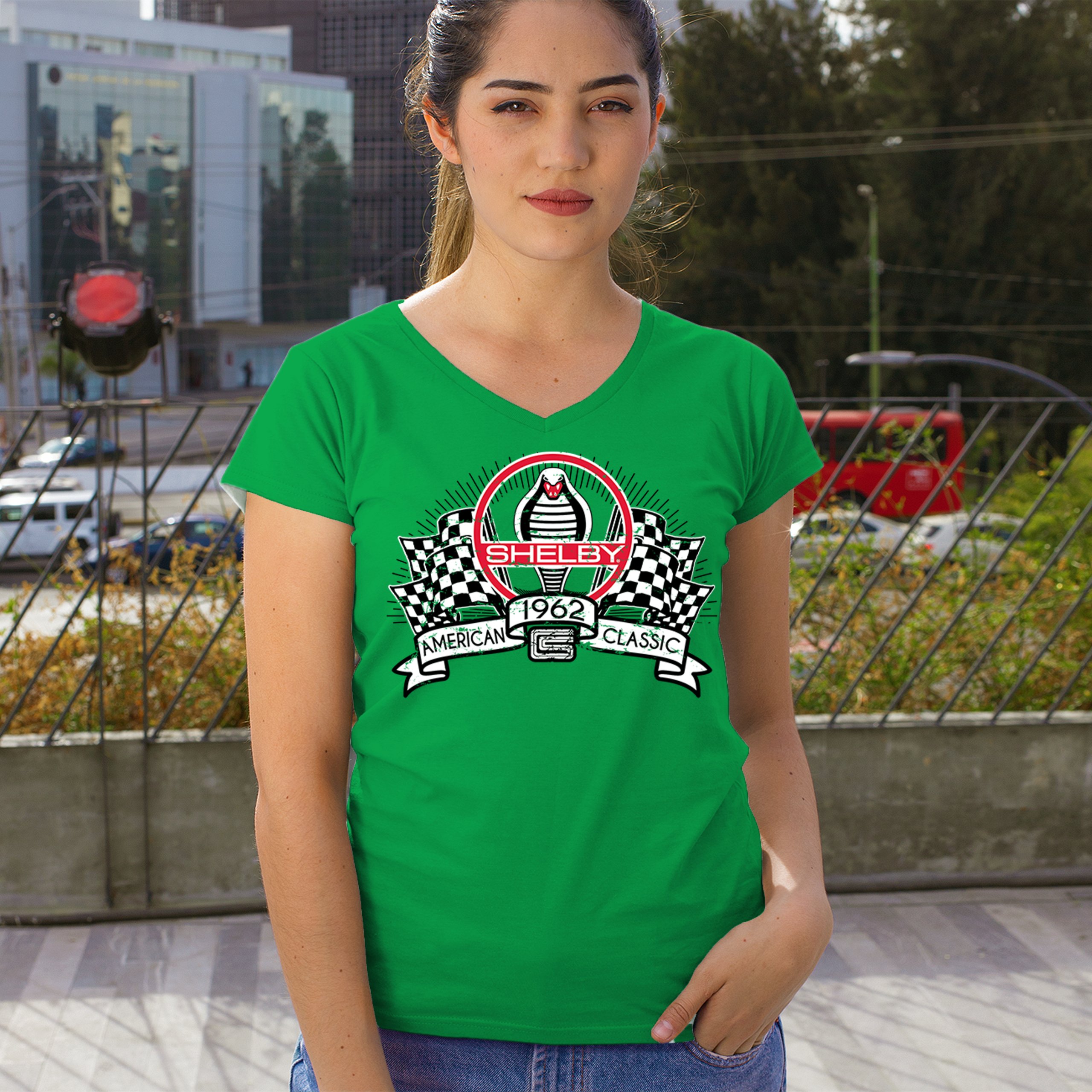 1962 Shelby Classic Women's V-Neck T-shirt Mustang Cobra Powered by Ford Tee