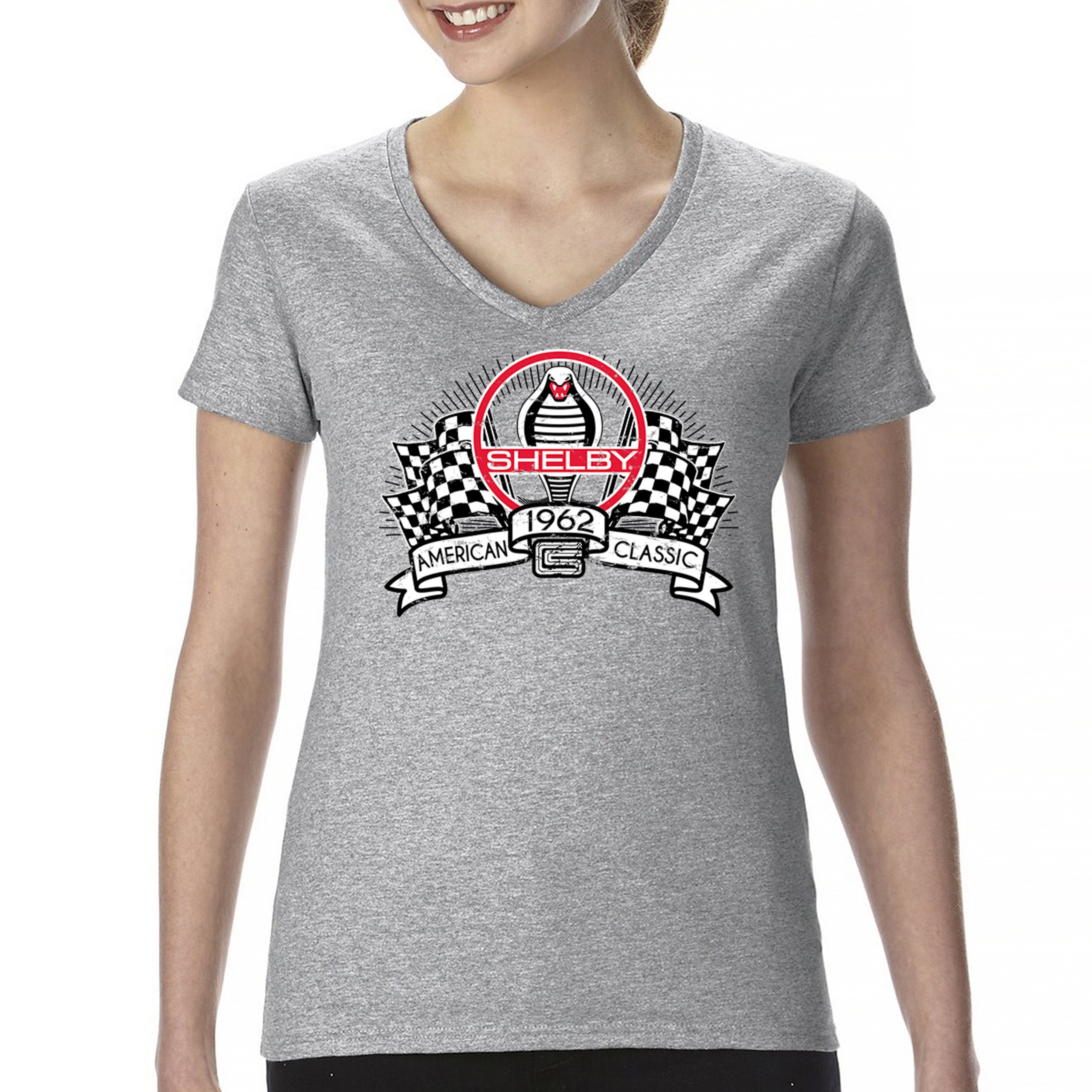 1962 Shelby Classic Women's V-Neck T-shirt Mustang Cobra Powered by Ford Tee