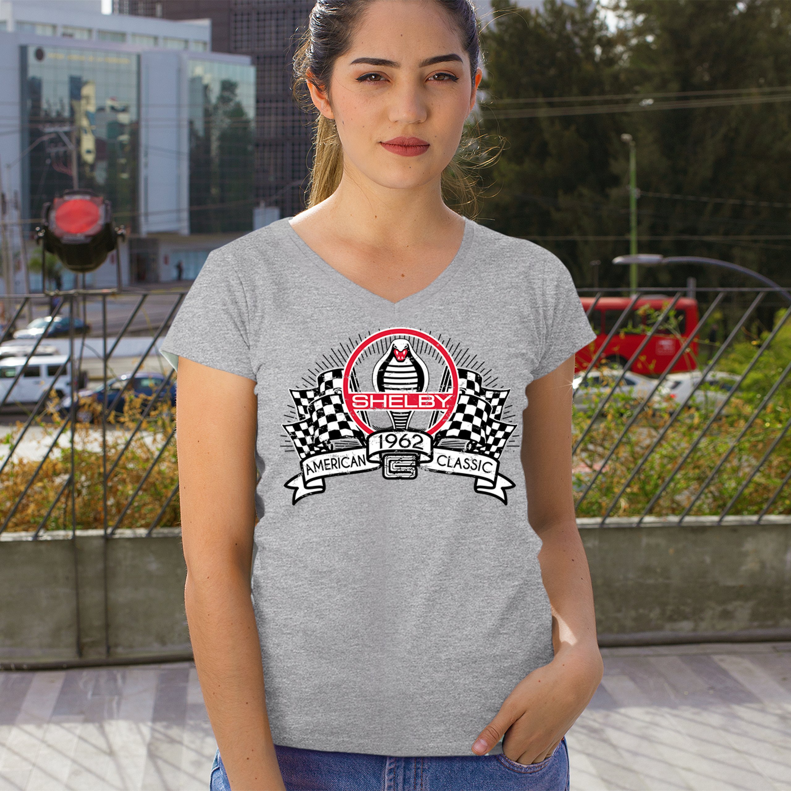 1962 Shelby Classic Women's V-Neck T-shirt Mustang Cobra Powered by Ford Tee