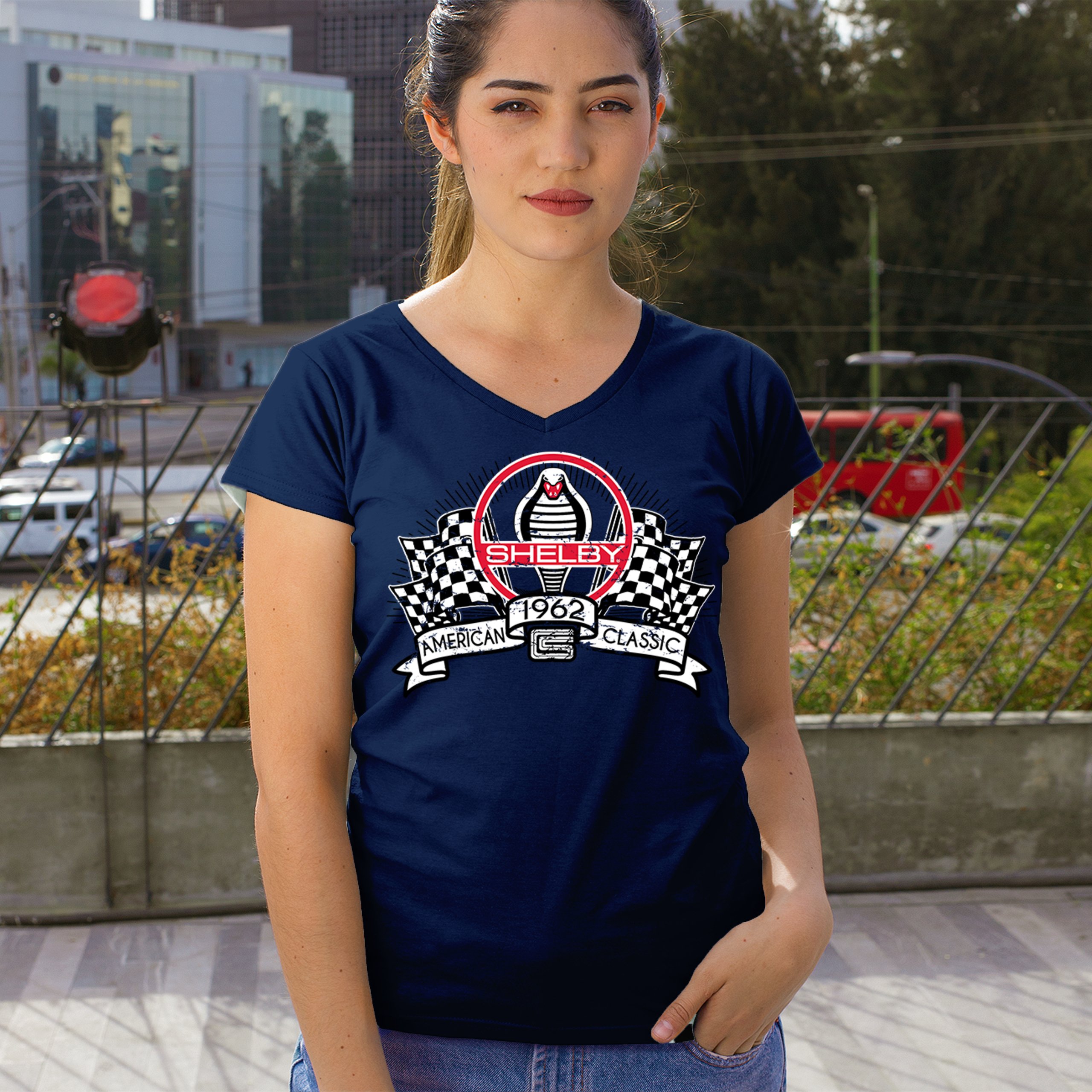 1962 Shelby Classic Women's V-Neck T-shirt Mustang Cobra Powered by Ford Tee