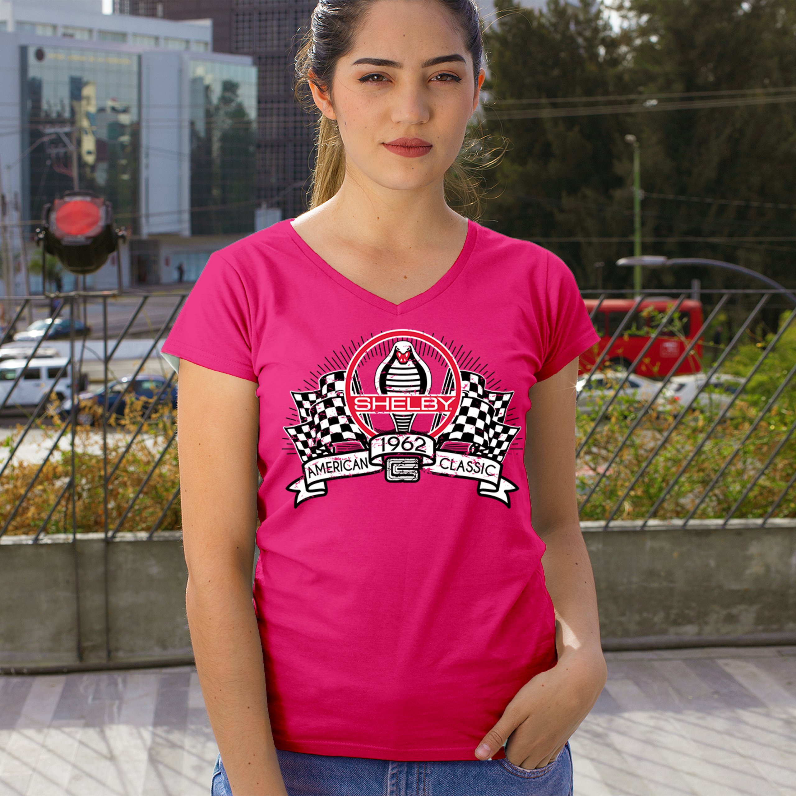 1962 Shelby Classic Women's V-Neck T-shirt Mustang Cobra Powered by Ford Tee