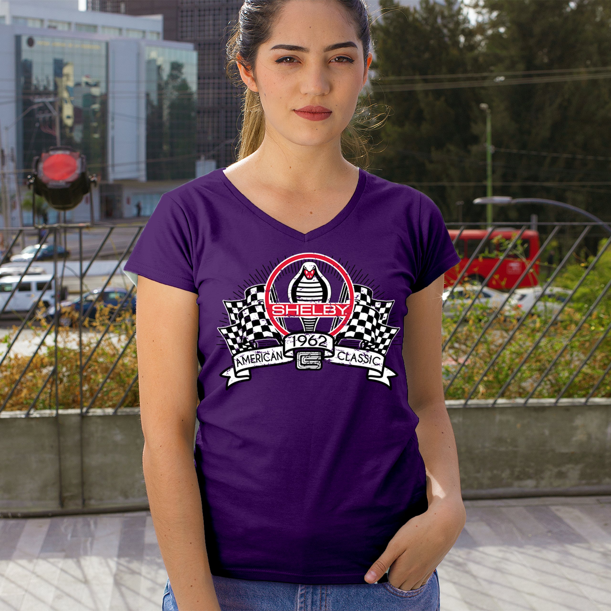 1962 Shelby Classic Women's V-Neck T-shirt Mustang Cobra Powered by Ford Tee