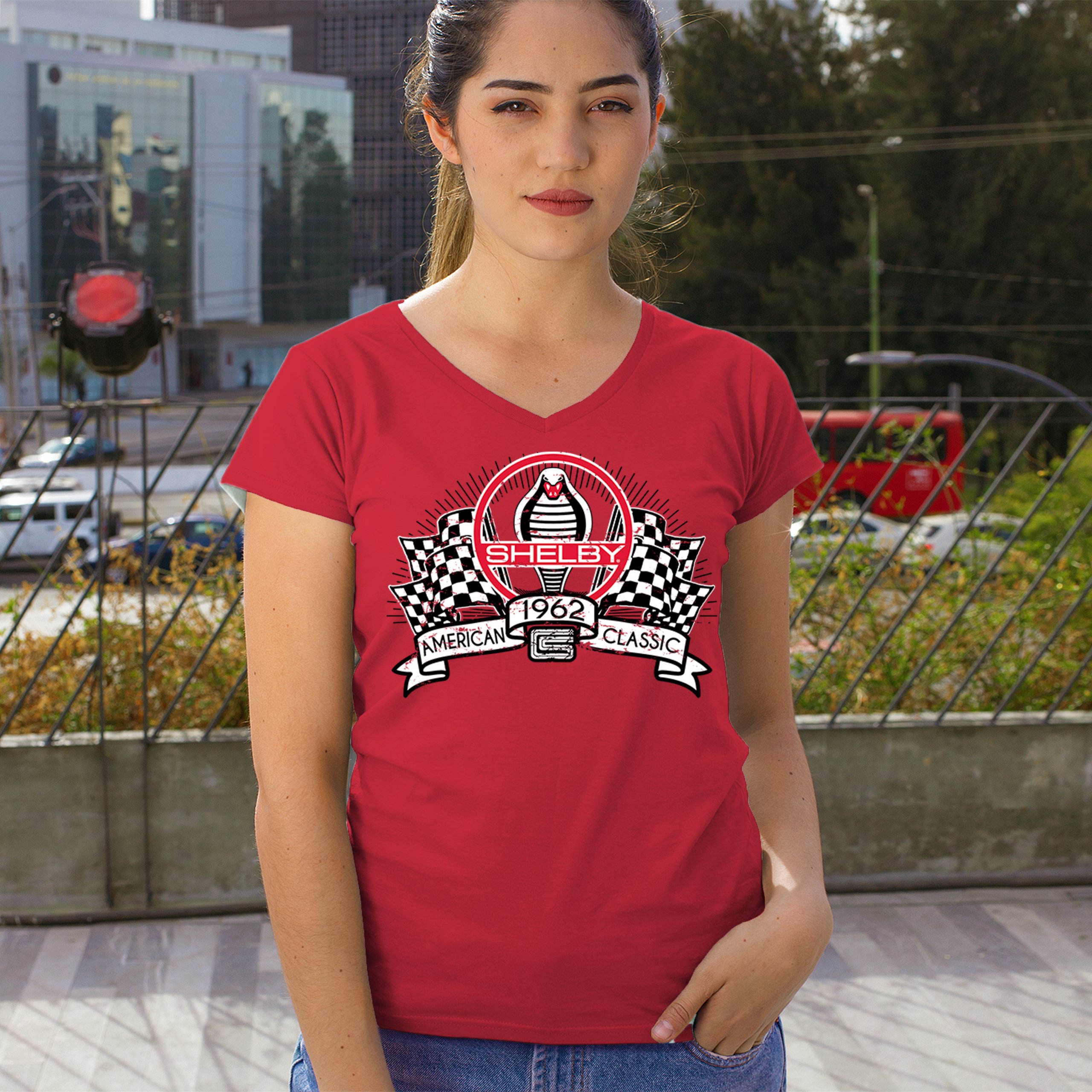 1962 Shelby Classic Women's V-Neck T-shirt Mustang Cobra Powered by Ford Tee