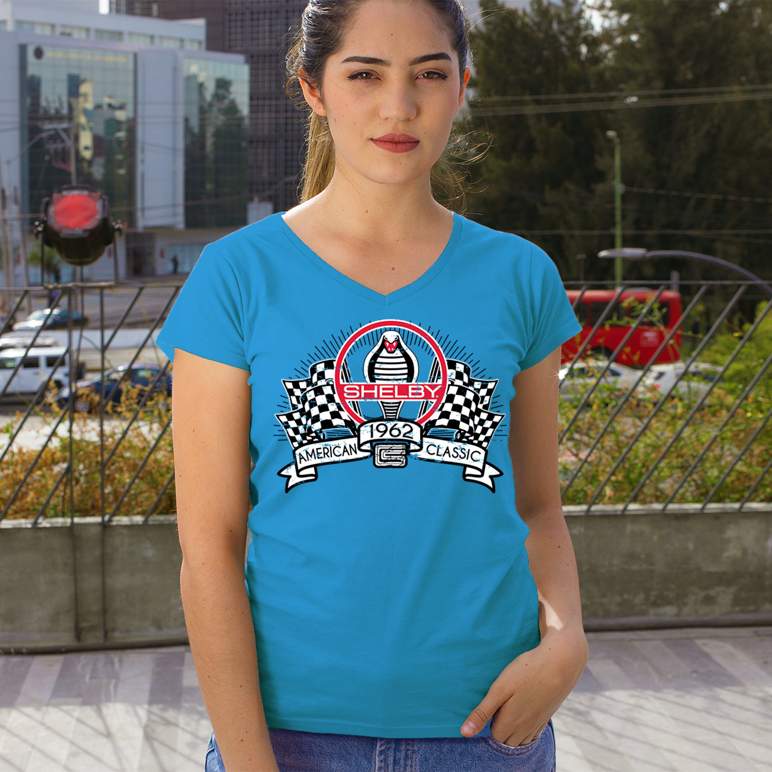 1962 Shelby Classic Women's V-Neck T-shirt Mustang Cobra Powered by Ford Tee