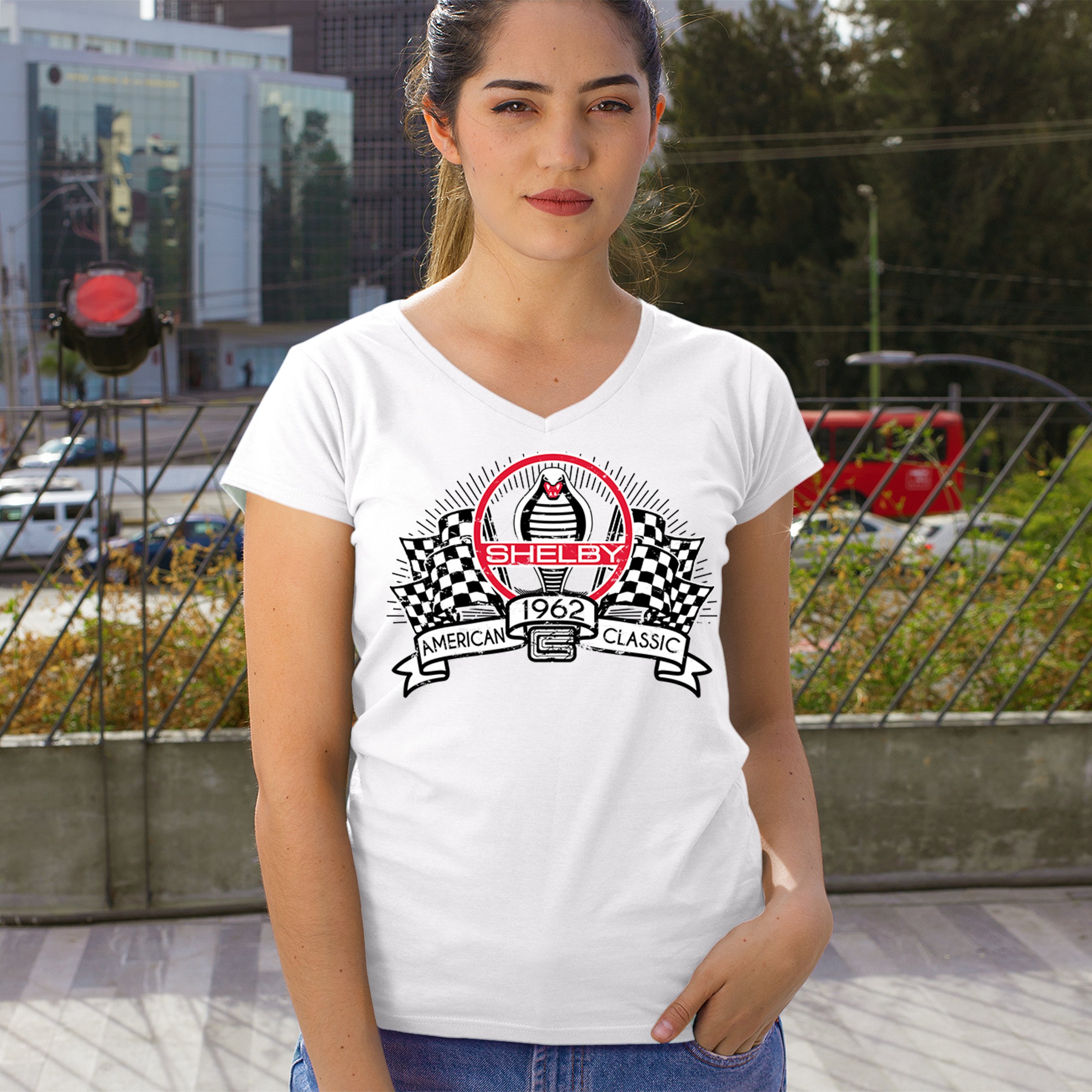 1962 Shelby Classic Women's V-Neck T-shirt Mustang Cobra Powered by Ford Tee