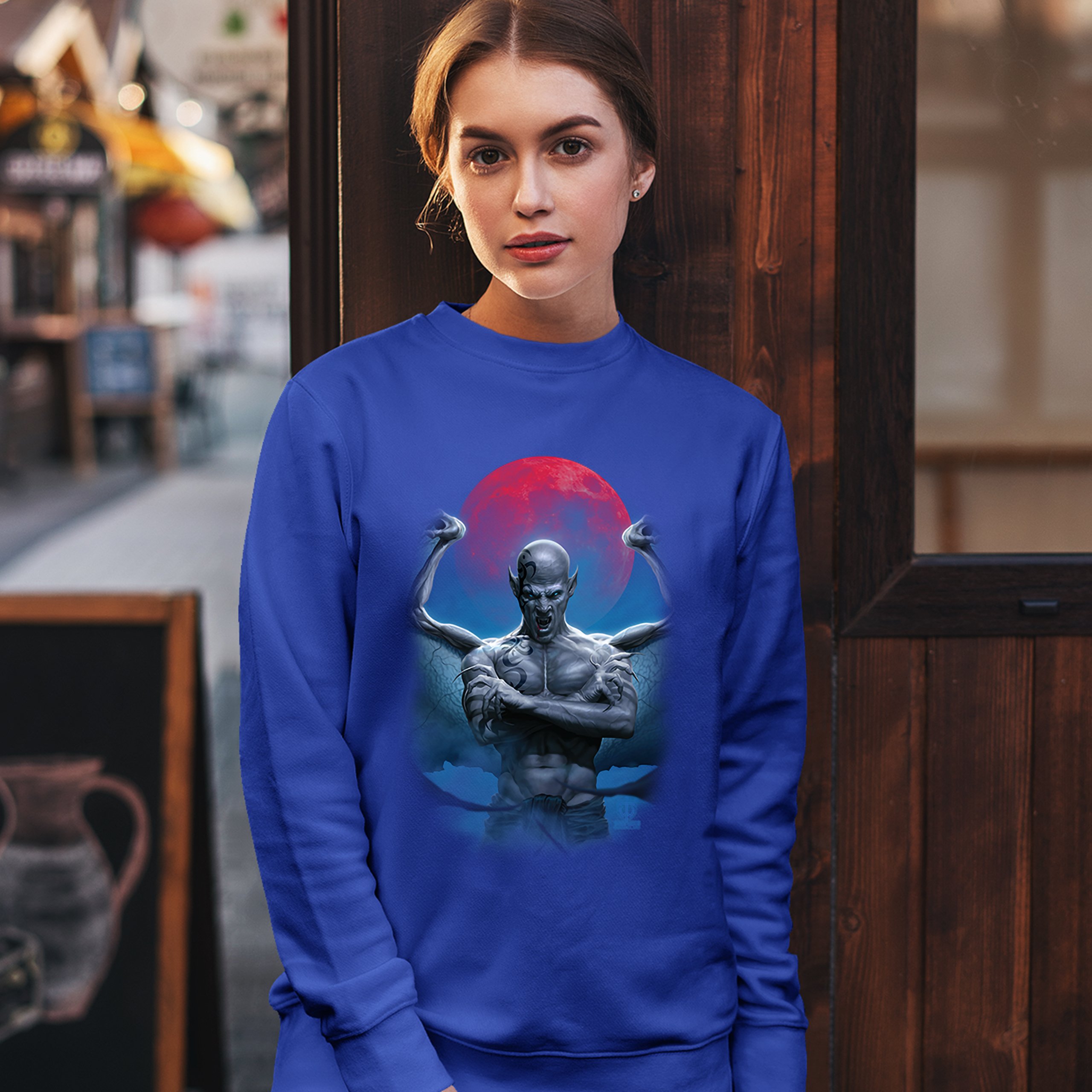 Demon Gargoyle Sweatshirt Blood Moon Scary Halloween Monster Crewneck - Picture 36 of 36