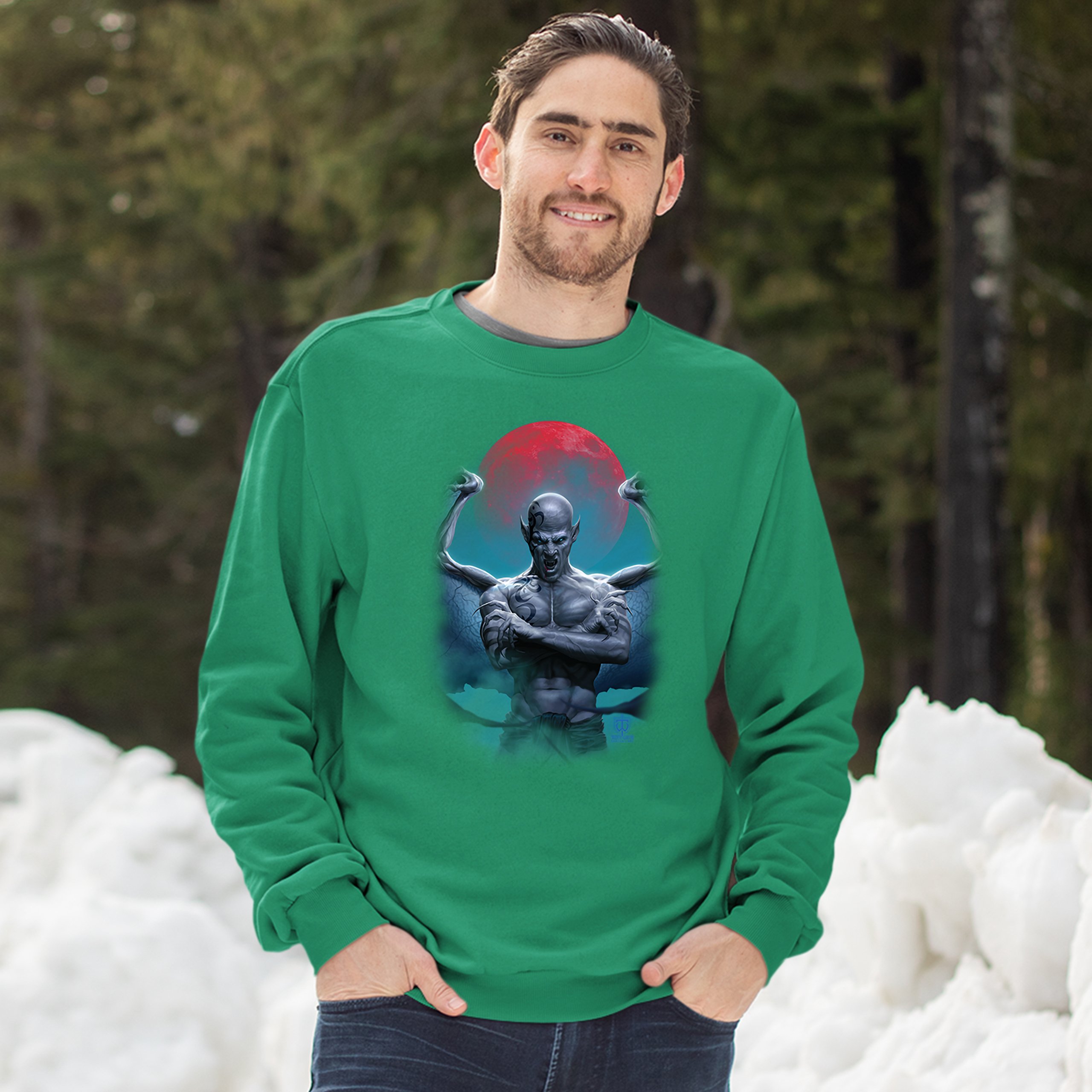 Demon Gargoyle Sweatshirt Blood Moon Scary Halloween Monster Crewneck - Picture 30 of 36