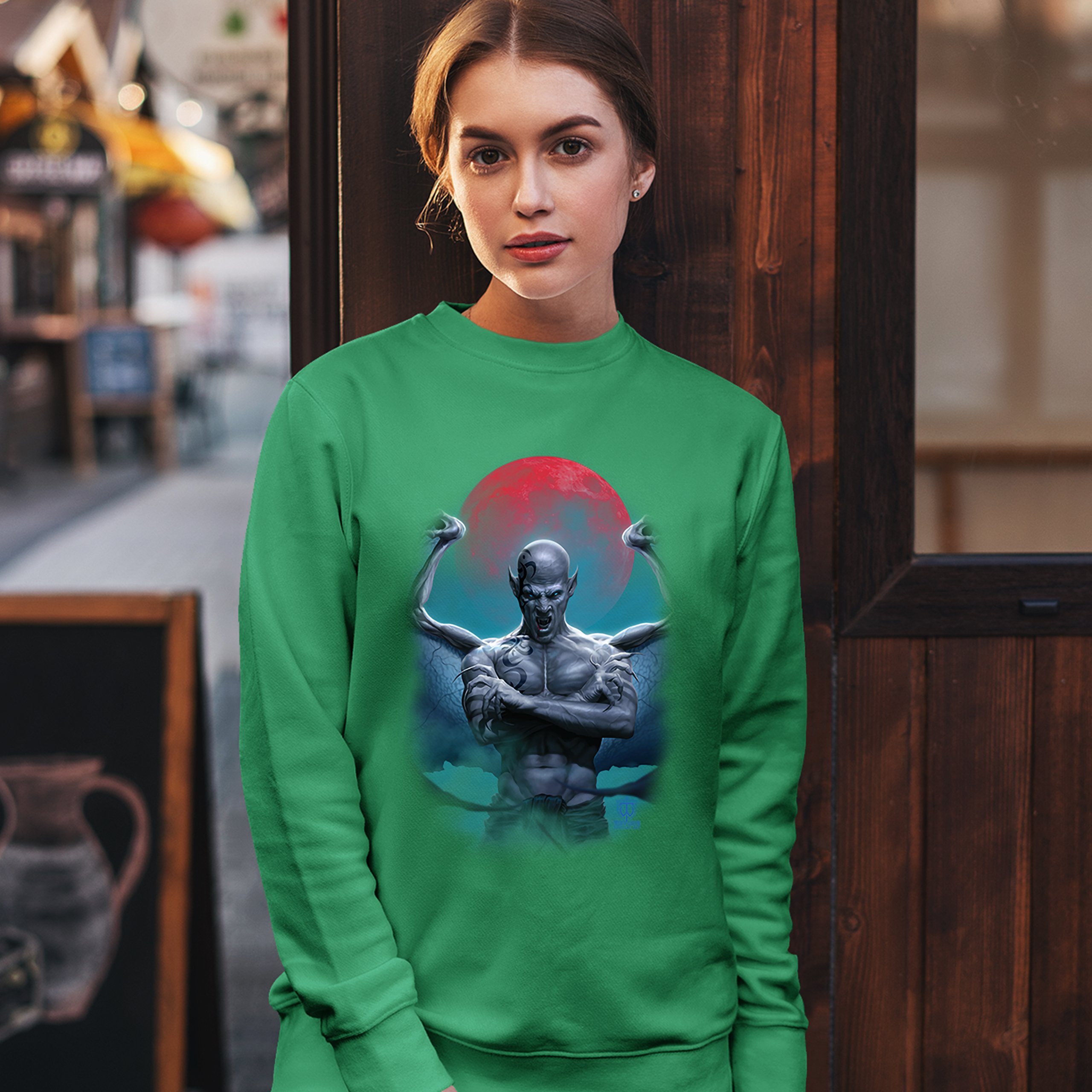 Demon Gargoyle Sweatshirt Blood Moon Scary Halloween Monster Crewneck - Picture 31 of 36