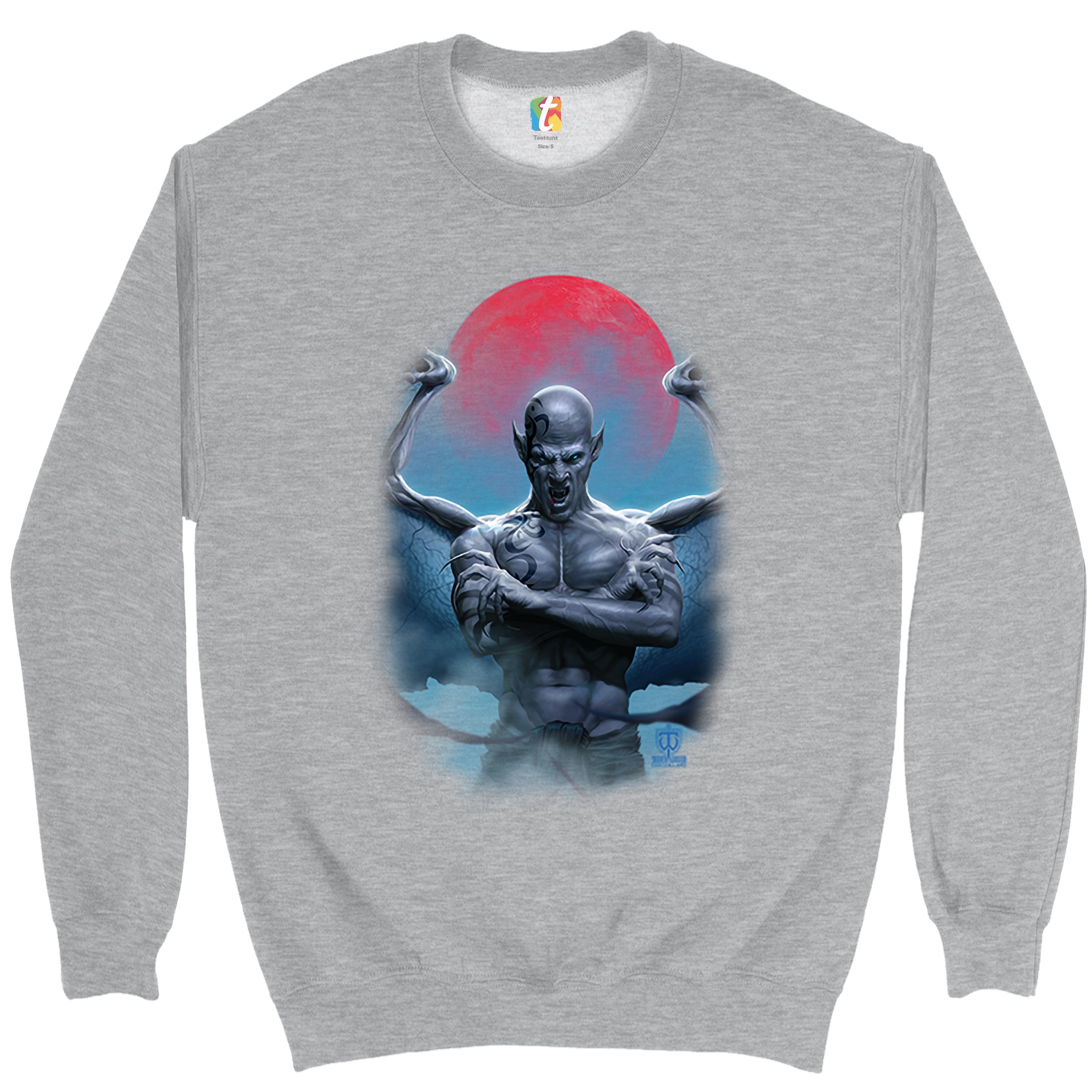 Demon Gargoyle Sweatshirt Blood Moon Scary Halloween Monster Crewneck - Picture 7 of 36