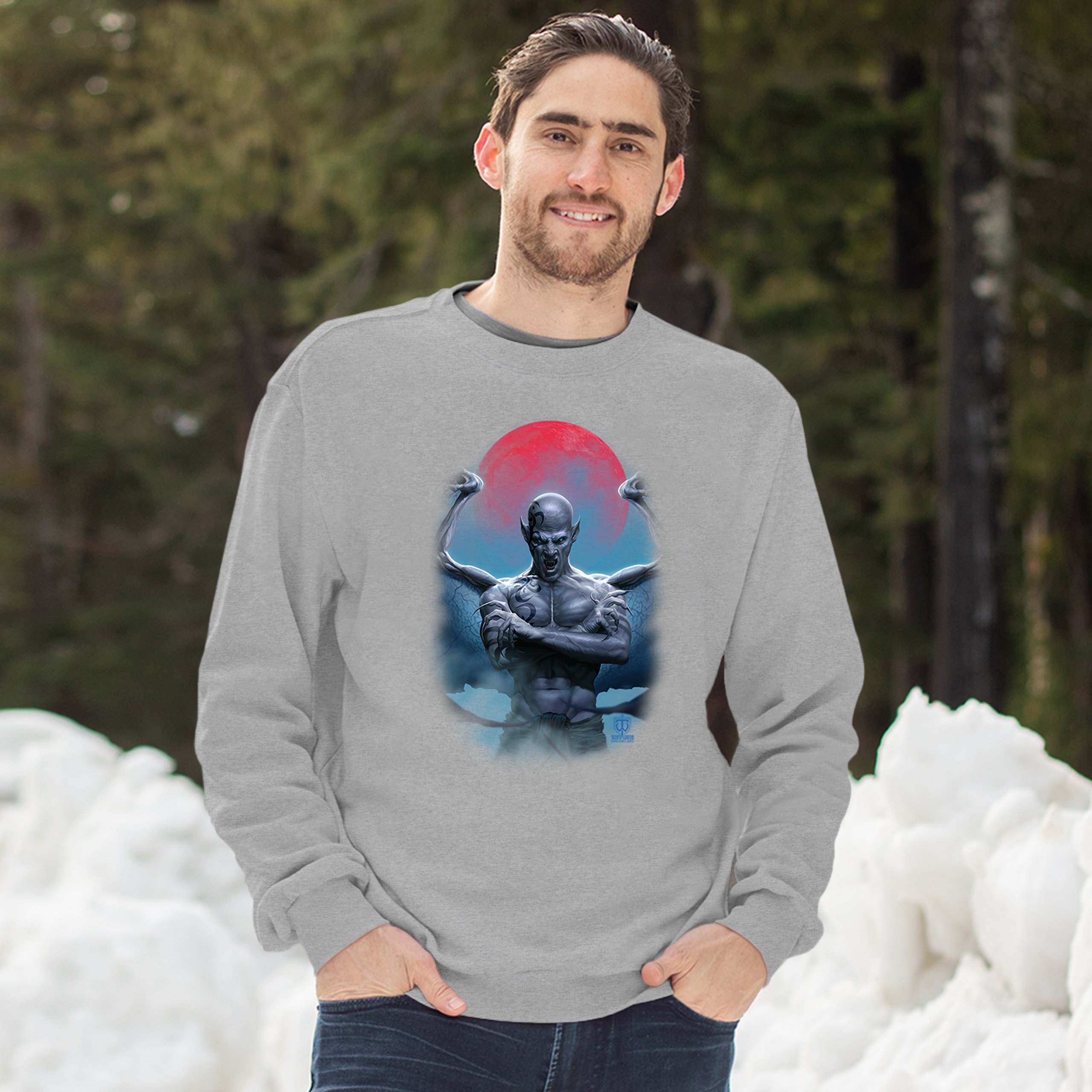 Demon Gargoyle Sweatshirt Blood Moon Scary Halloween Monster Crewneck - Picture 10 of 36
