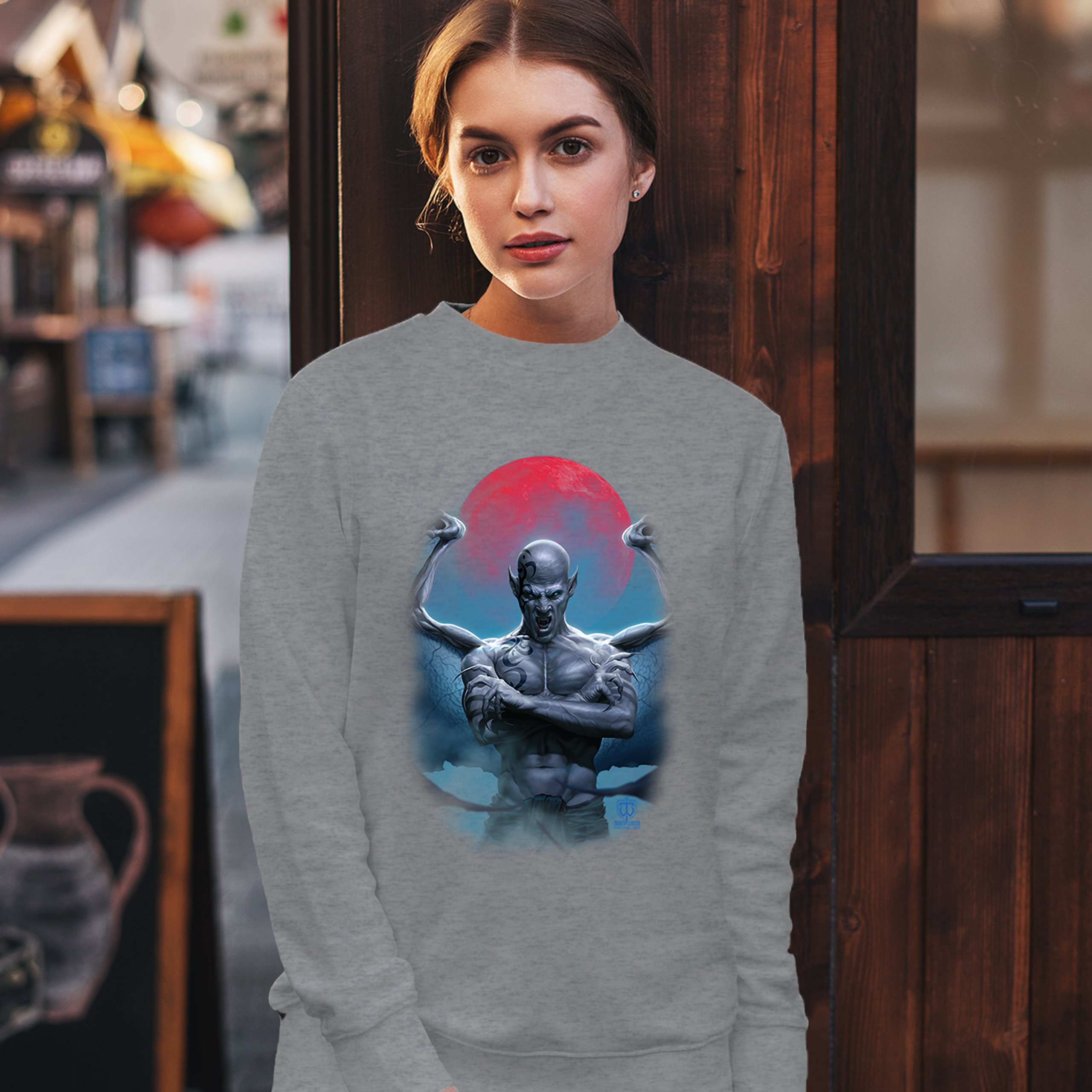 Demon Gargoyle Sweatshirt Blood Moon Scary Halloween Monster Crewneck - Picture 11 of 36
