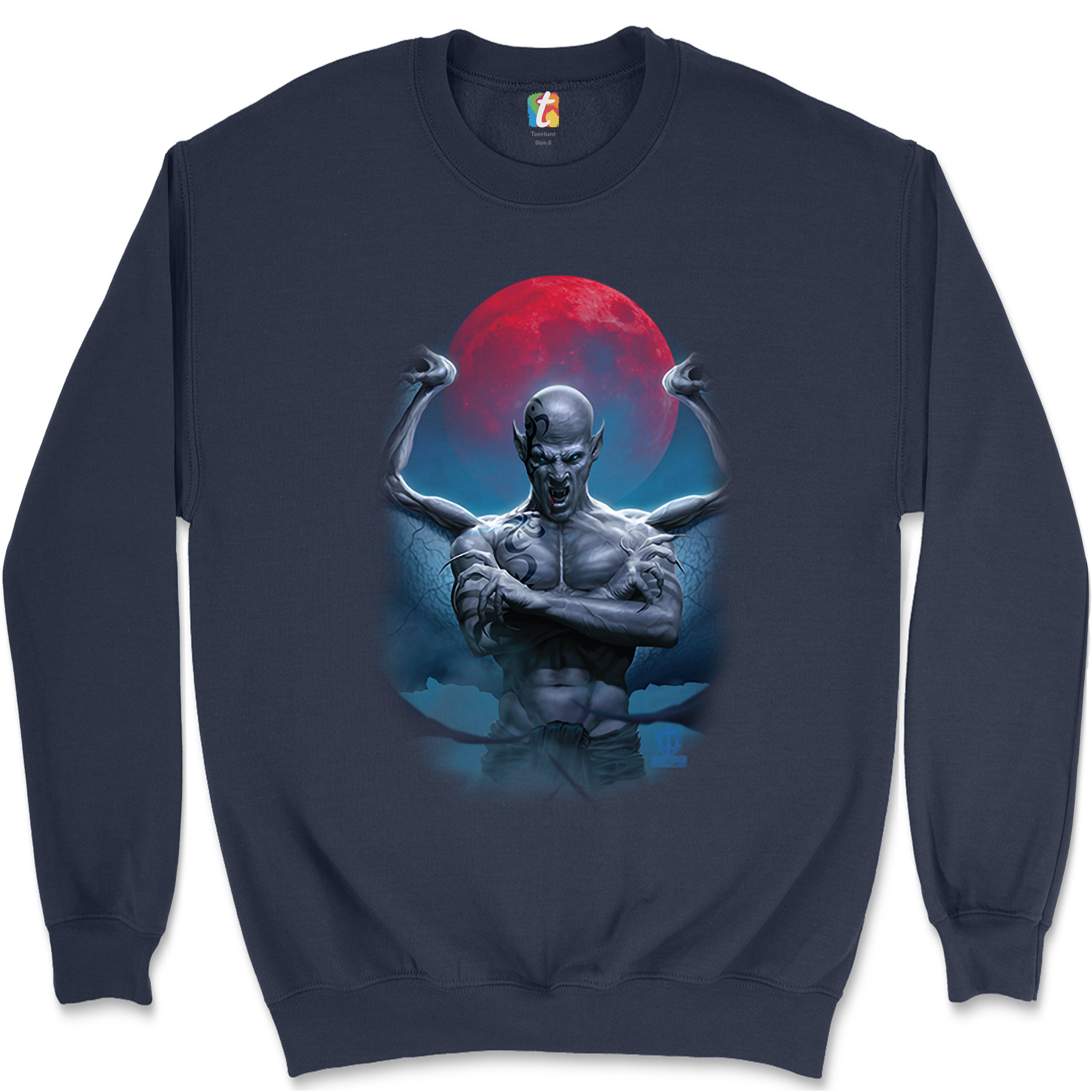 Demon Gargoyle Sweatshirt Blood Moon Scary Halloween Monster Crewneck - Picture 22 of 36