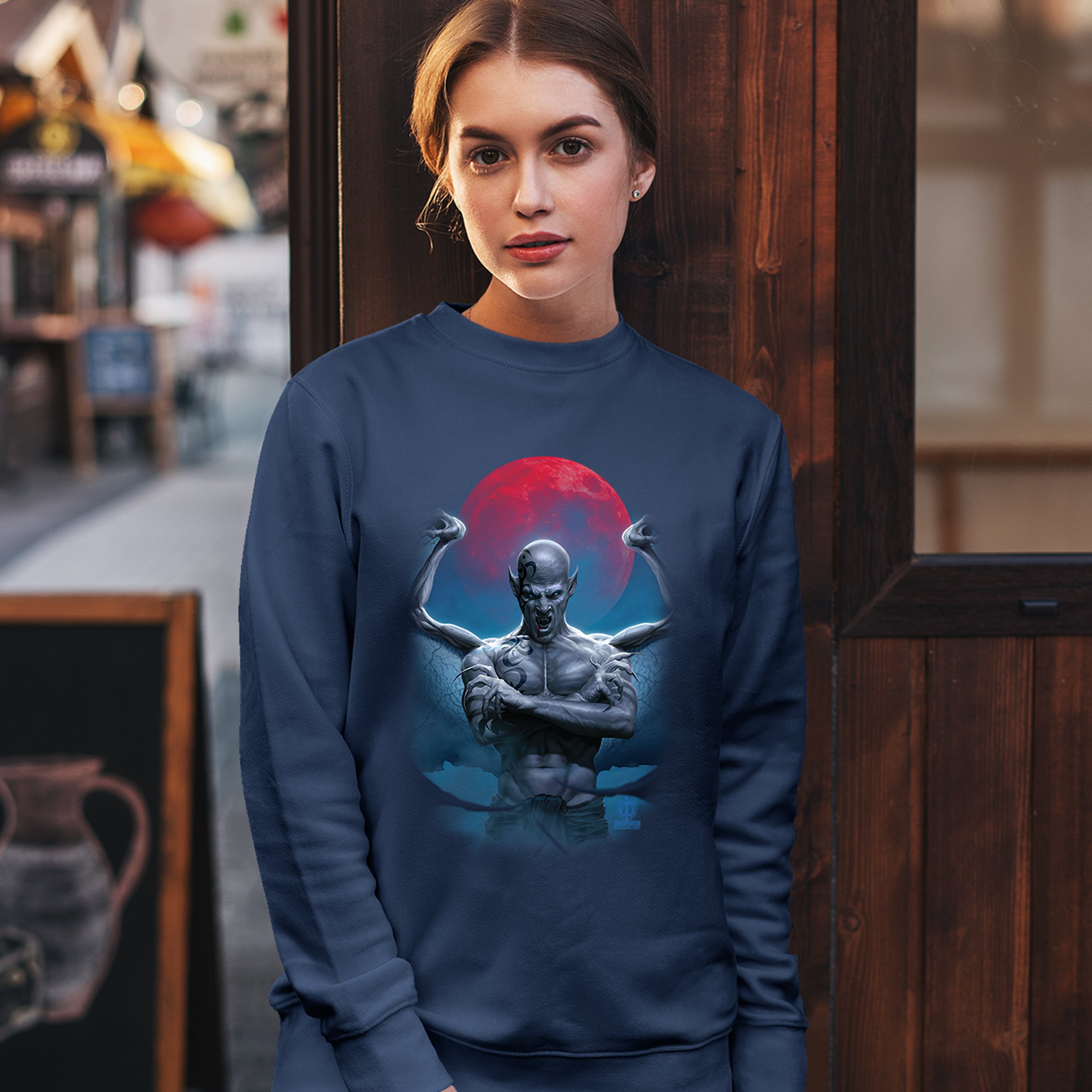 Demon Gargoyle Sweatshirt Blood Moon Scary Halloween Monster Crewneck - Picture 26 of 36
