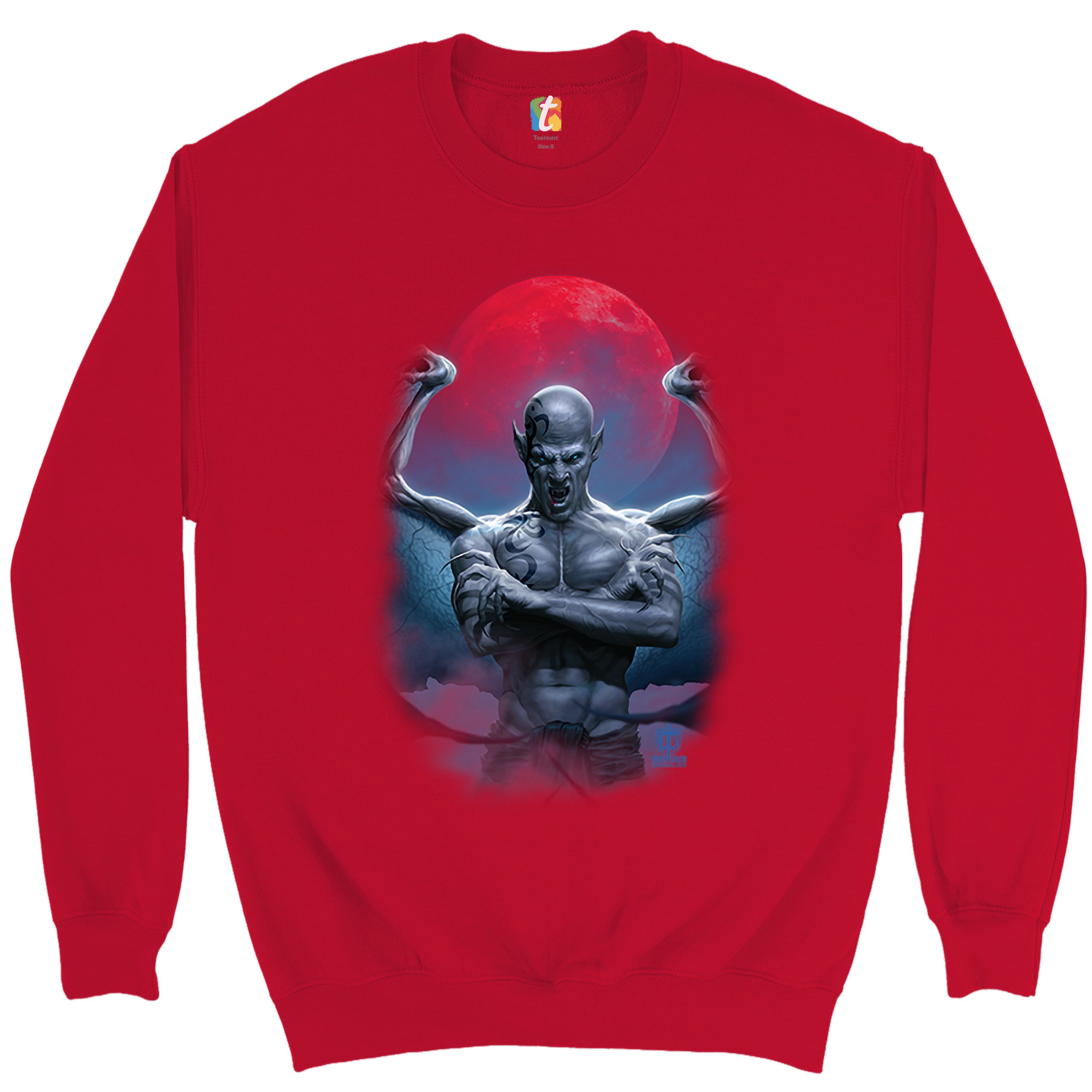 Demon Gargoyle Sweatshirt Blood Moon Scary Halloween Monster Crewneck - Picture 12 of 36