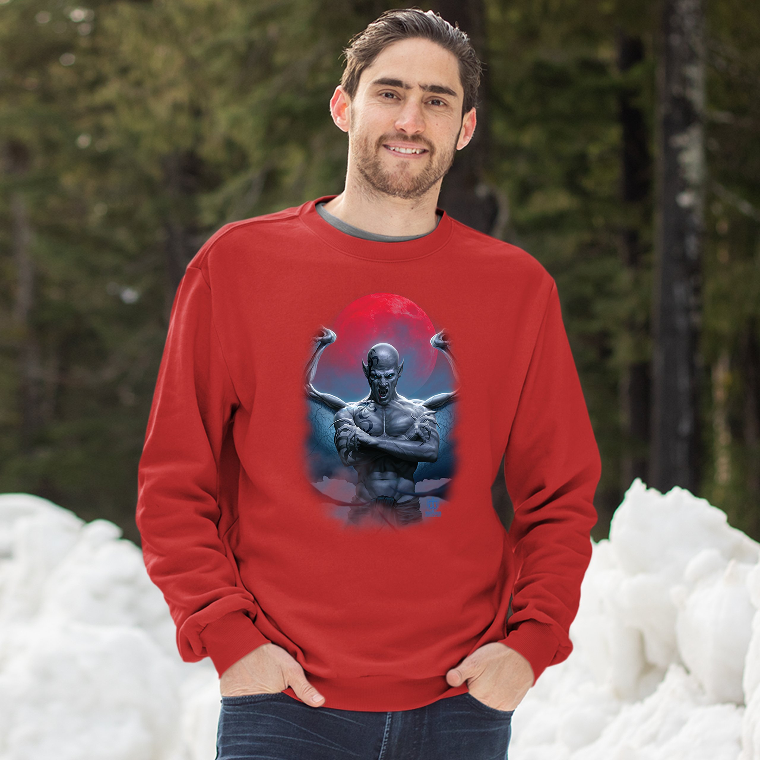 Demon Gargoyle Sweatshirt Blood Moon Scary Halloween Monster Crewneck - Picture 15 of 36